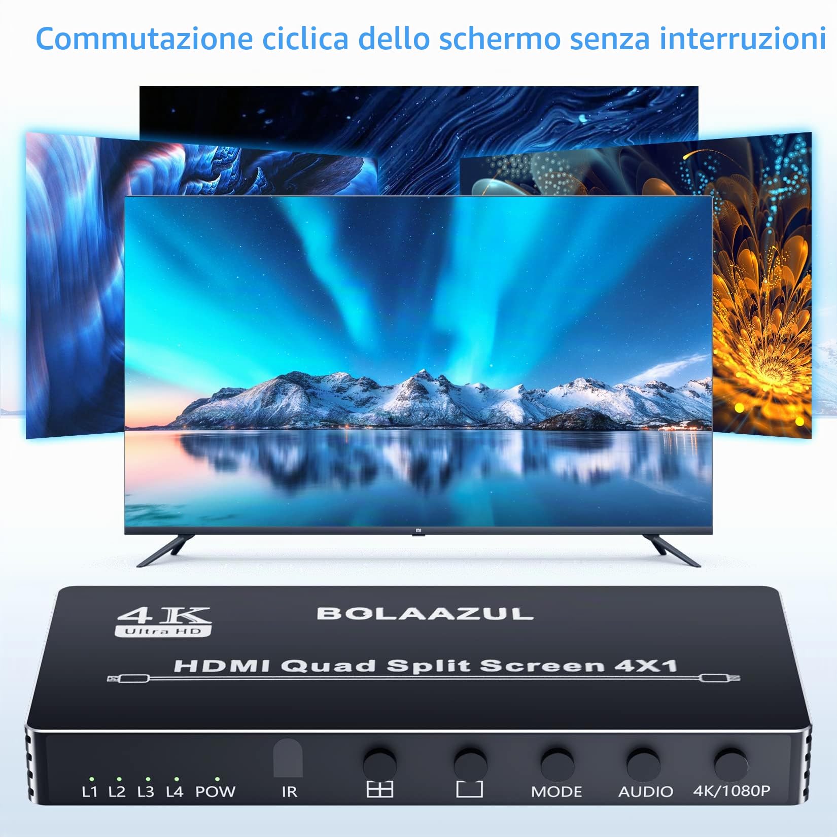 BolAAzuL 4X1 HDMI Multiviewer Switch Box 4K 30Hz, Quad Screen Splitter/Multi Viewer Con Switch Senza Cuciture per PS4 DVD Camera PC TV Monitor