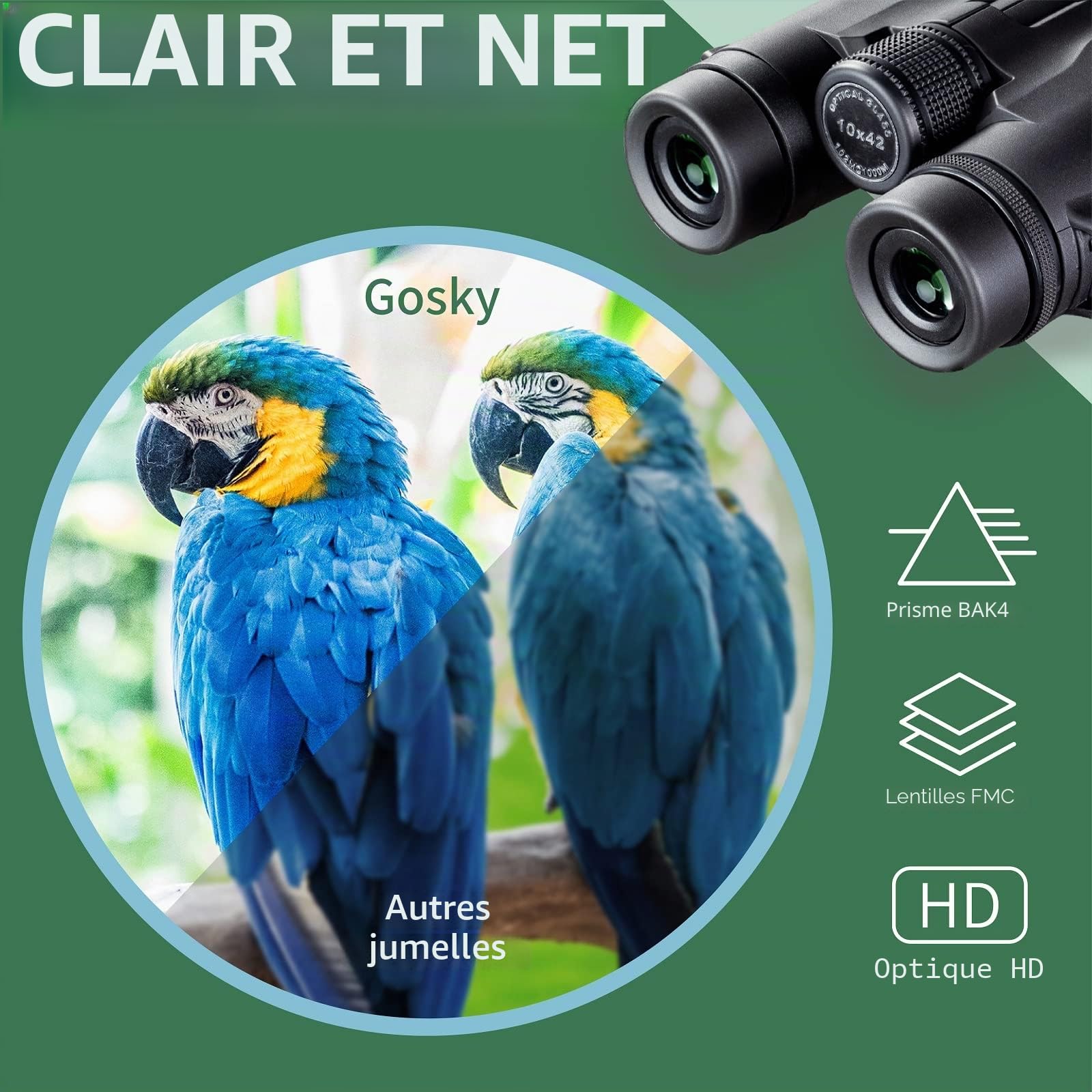 Gosky 10x42 Jumelles Adultes HD pour Observation des Oiseaux Étoiles Voyage Chasse Sport avec Adaptateur Téléphone