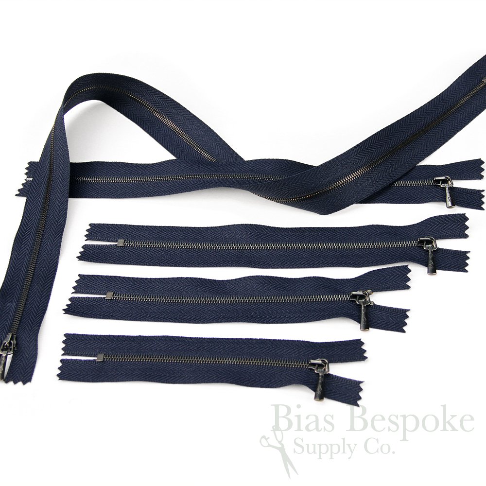 Tiny Teeth (#1) Gunmetal & Navy Blue Closed End Zipper, 8" Length, Bias Bespoke Brand