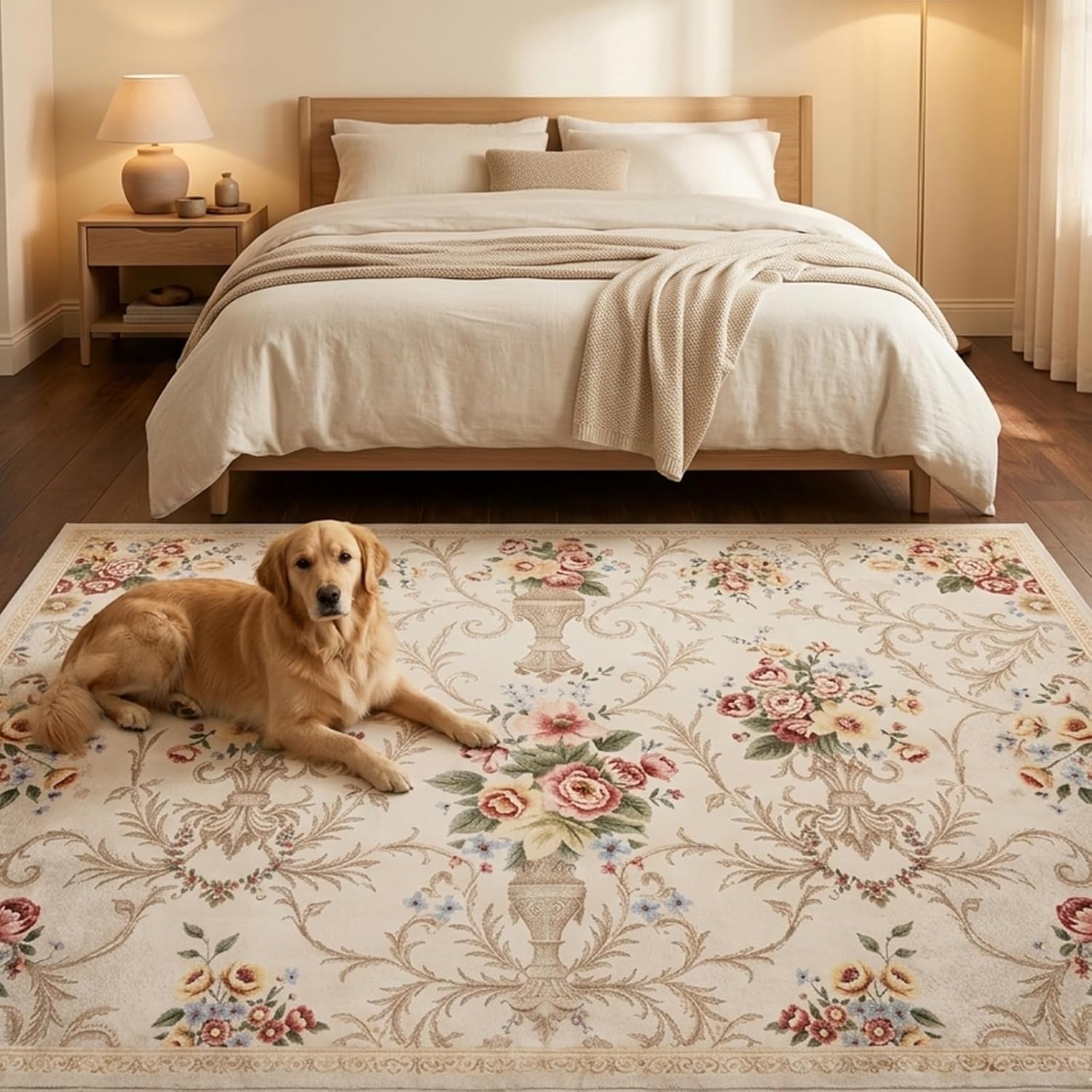 5x7 Area Rugs for Living Room, Washable Vintage Floral Boho Decor Rug, Non-Slip Ultra Thin Soft Faux Wool Carpet, Machine Washable Living Room Decor for Bedroom Dining Room