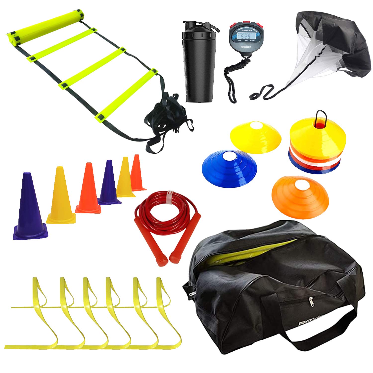 Roxan Agility Ladder 4 Mtr, Agility Hurdle 6 Inch, Running Speed Chute, Marking Cone 6 Inch, Skipping Rope, Stop Watch, Shaker, Saucer Cone (Multi-Colour) Agility Combos, Track & Field Equipment, Training Combos-image-25