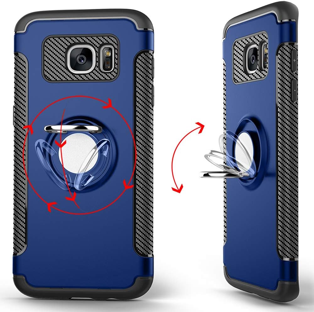 Phone Case for Samsung Galaxy S7 Edge with Tempered Glass Screen Protector Cover and Stand Ring Holder Slim Hybrid Cell Accessories Glaxay S7edge Gaxaly S 7 Plus Galaxies GS7 7s 7edge Cases Men Blue
