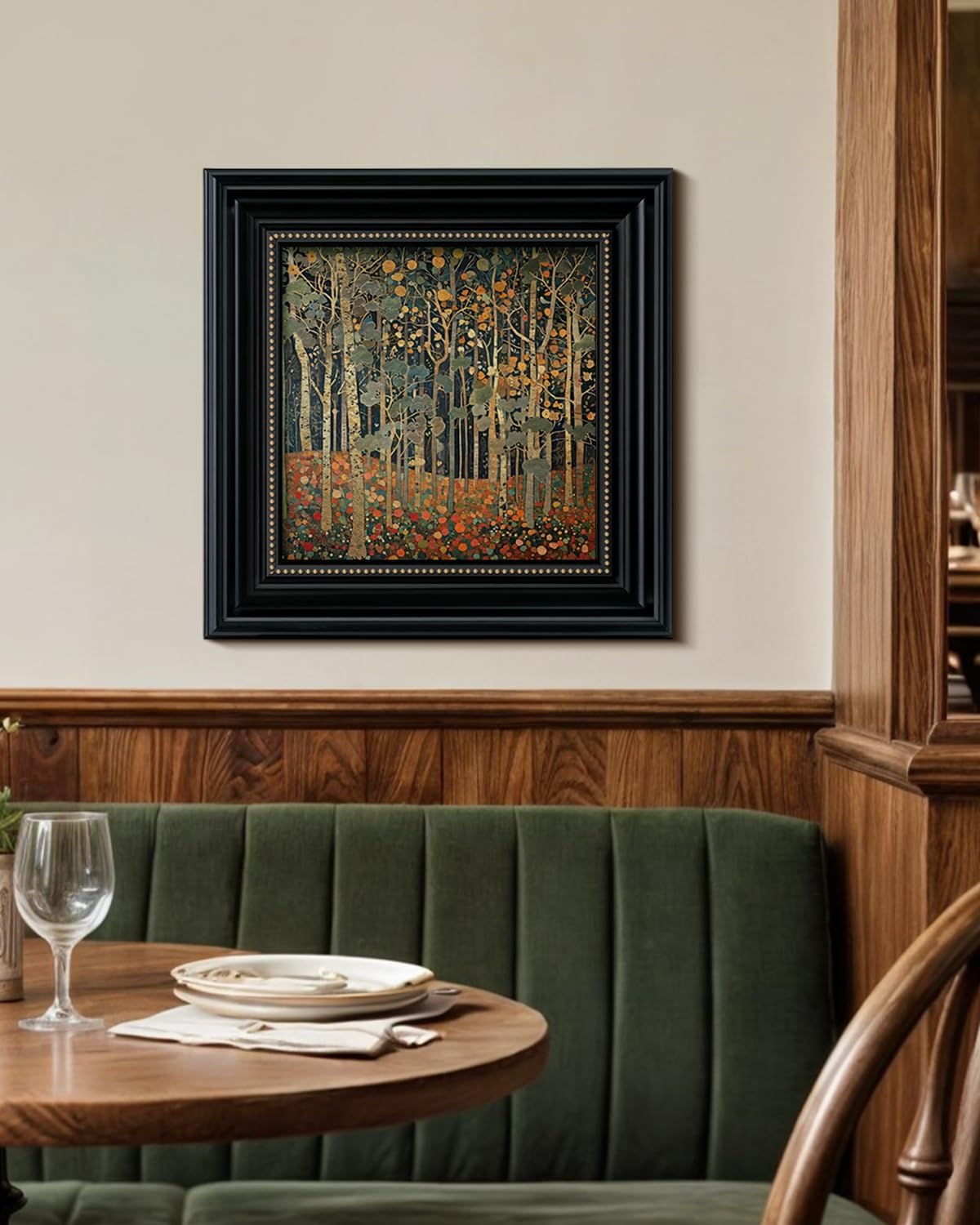 Vintage 3D Textured Framed Autumn Forest Wall Art 16x16 Botanical Tree Decorative Painting, Sandstone Surface Landscape Artwork Black Frame Gold Dot, Home Room Bedroom Office Decor