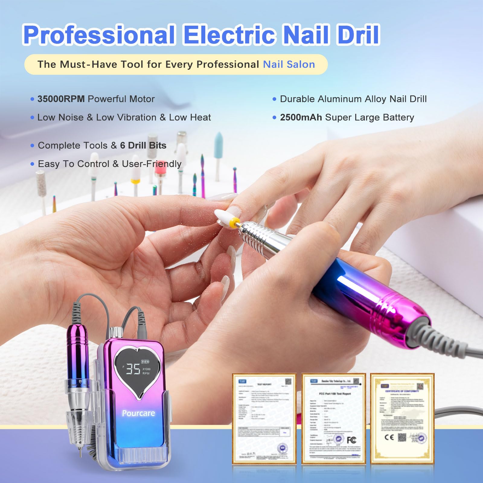 Elektrischer Nagelbohrer, 35000 U/min, professionelles elektrisches Nagelfeilen-Set, wiederaufladbares Acryl-Nagelwerkzeug, Maniküre, Pediküre für den Heimsalon (Sonnenuntergang) Blau