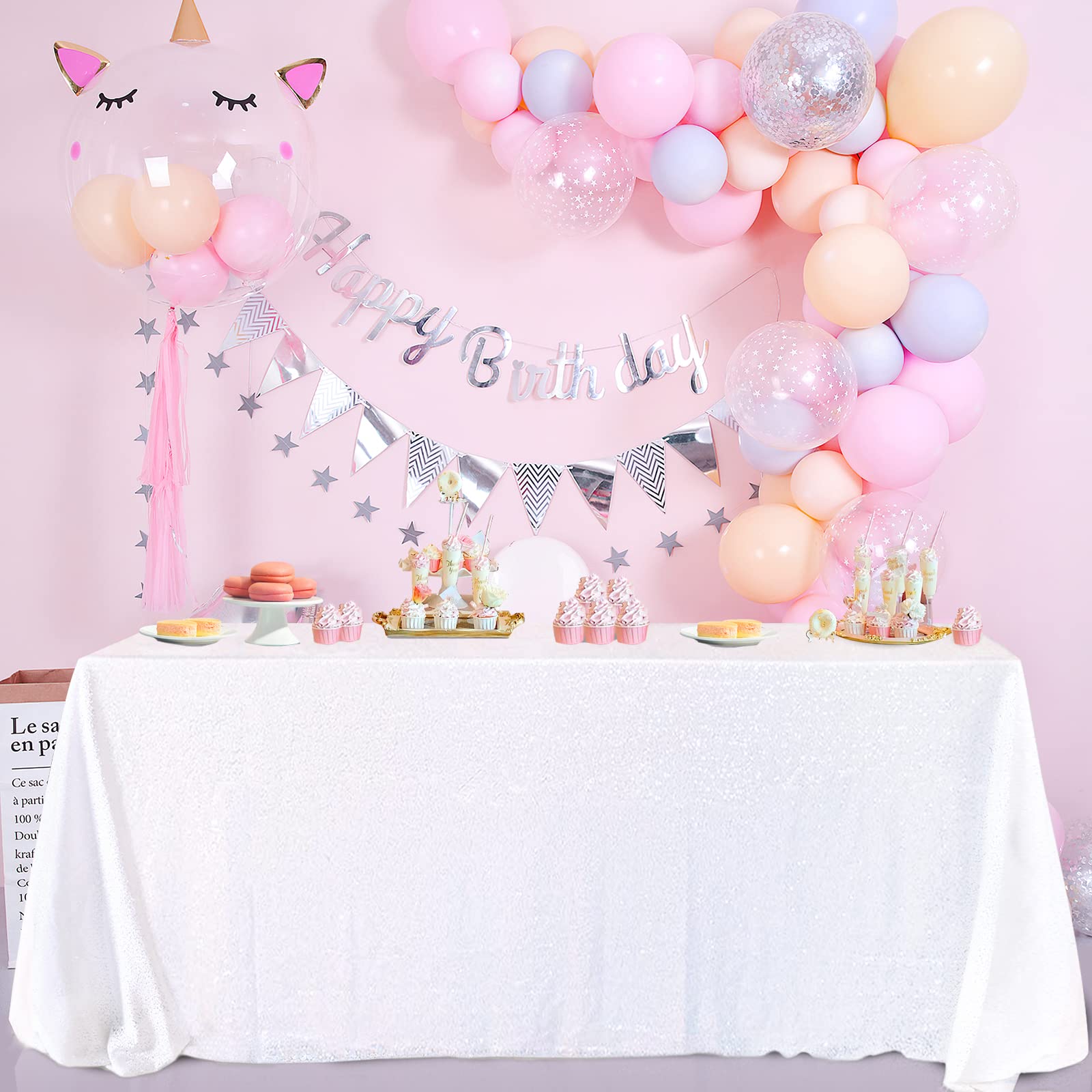 B-COOL White Sequins Tablecloth 60x102 Inches Seamless Reversible Sequin