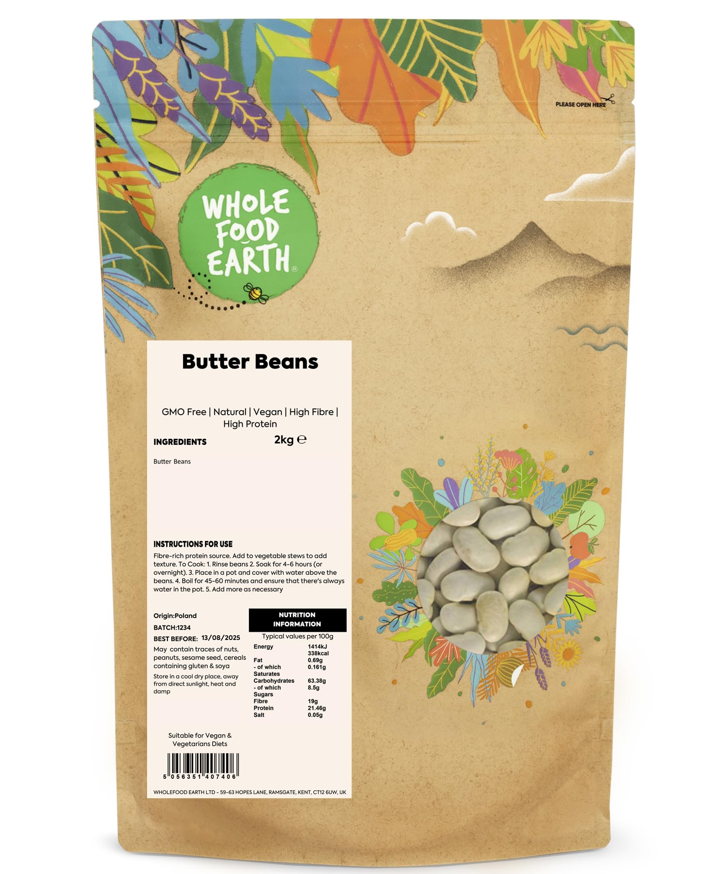 Wholefood Earth Butter Beans 2 kg | GMO Free | Natural | High Fibre | High Protein