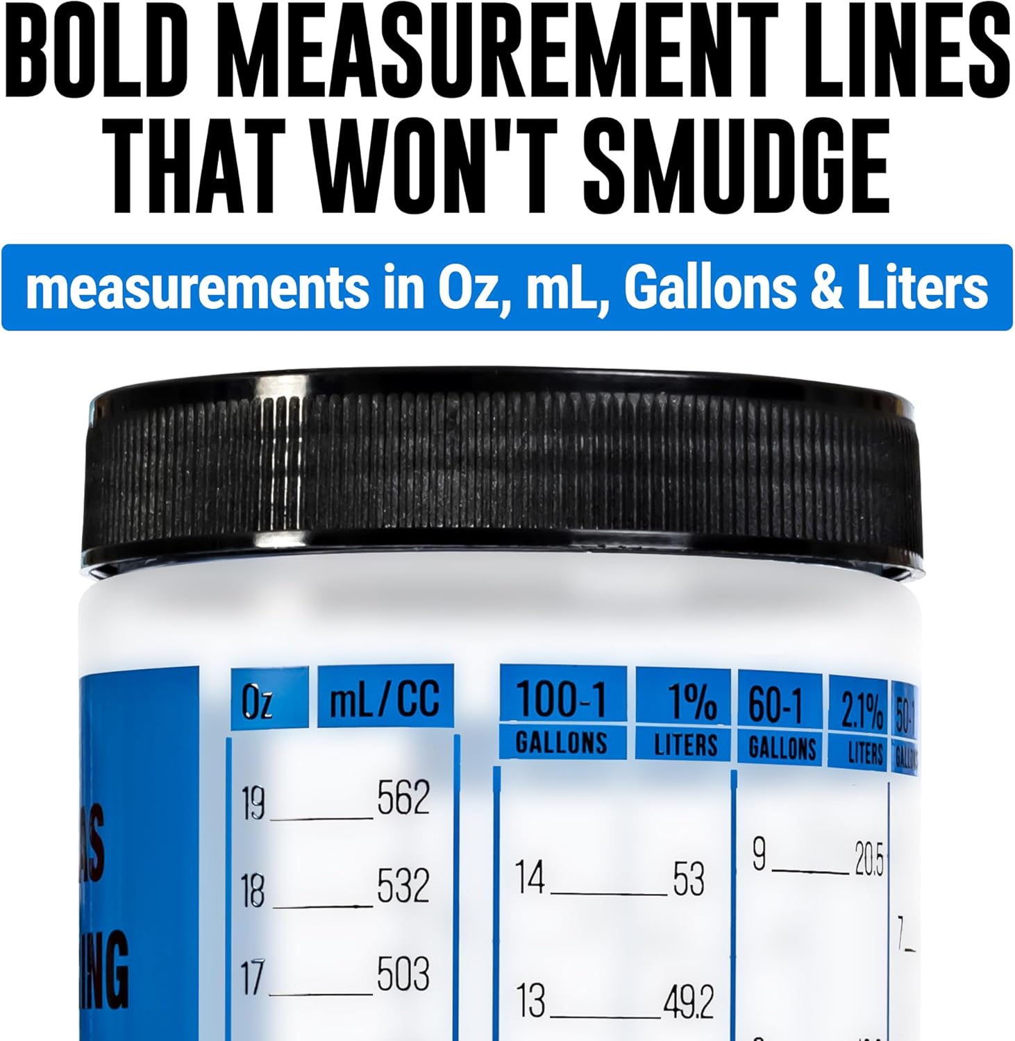 [2-Pack] Wide Mouth Oil / Gas Measuring Bottle - Reusable Mixing Bottle For Two Stroke Engines - Six Different Ratios & Smudge-Proof Measurements in Gallons & Liters - Mix Oil / Fuel Hundreds of Times