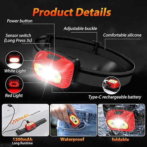 Miniatura 4 de Aigostar Linterna frontal recargable de 6500 K 600 lúmenes, impermeable, brillante, intermitente, de larga duración, sensor de movimiento, lámpara