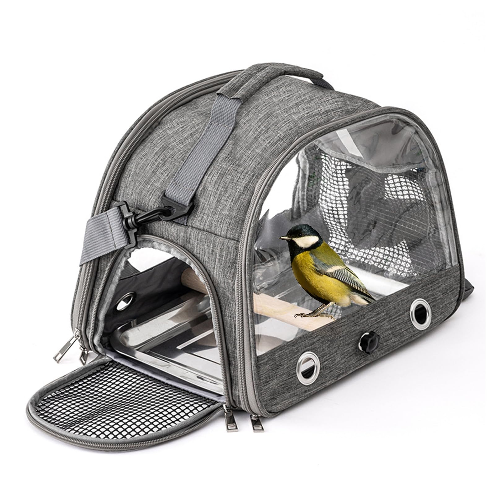 Collapsible Bird Travel Carrier with Standing Perch and Stainless Steel Tray, Breathable Parrot Parakeet Small Animals Hiking Camping Travel Bag (grey)