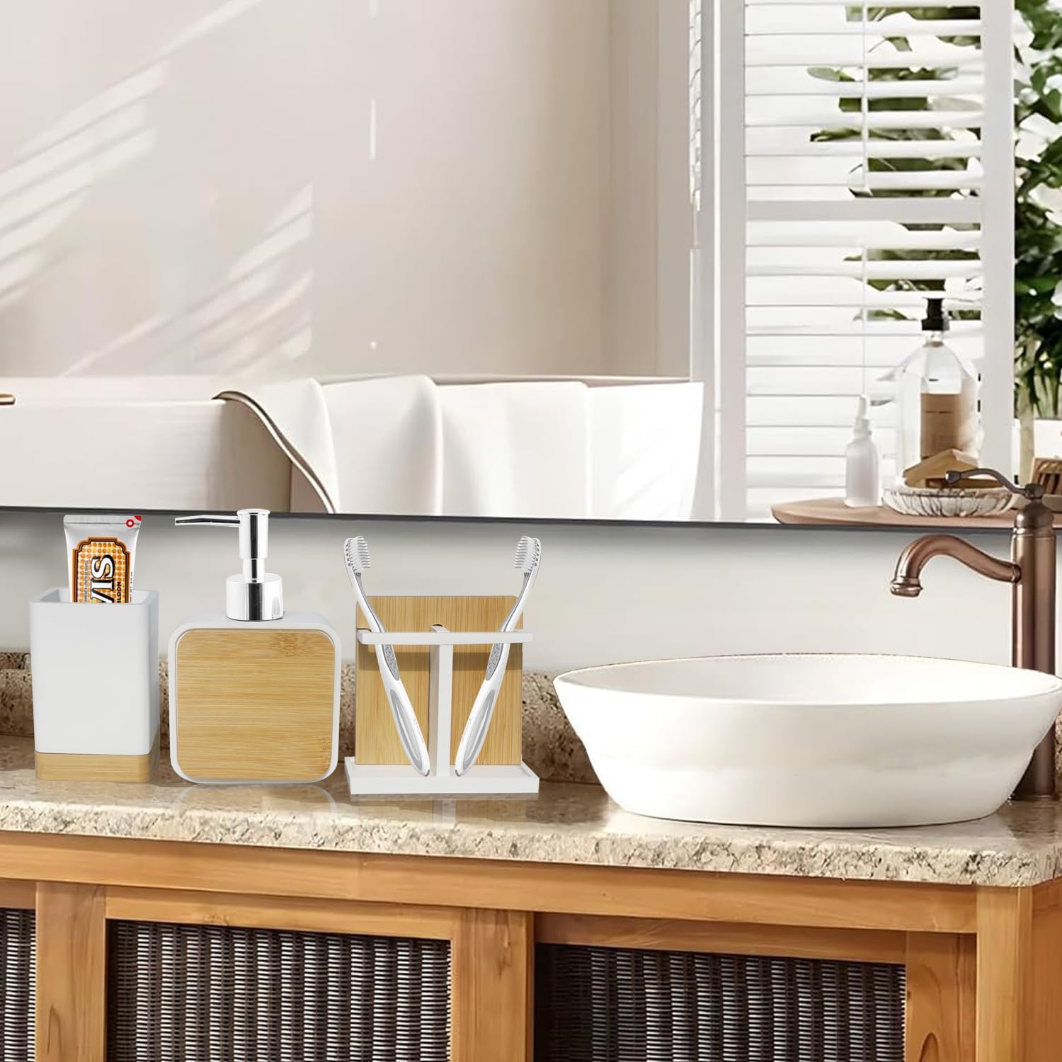 Bathroom Accessories Set with Cup, Toothbrush Holder, Soap Dishes and Soap Dispenser, Vanity Decoration, New Home Gift, White with Bamboo - Image 2
