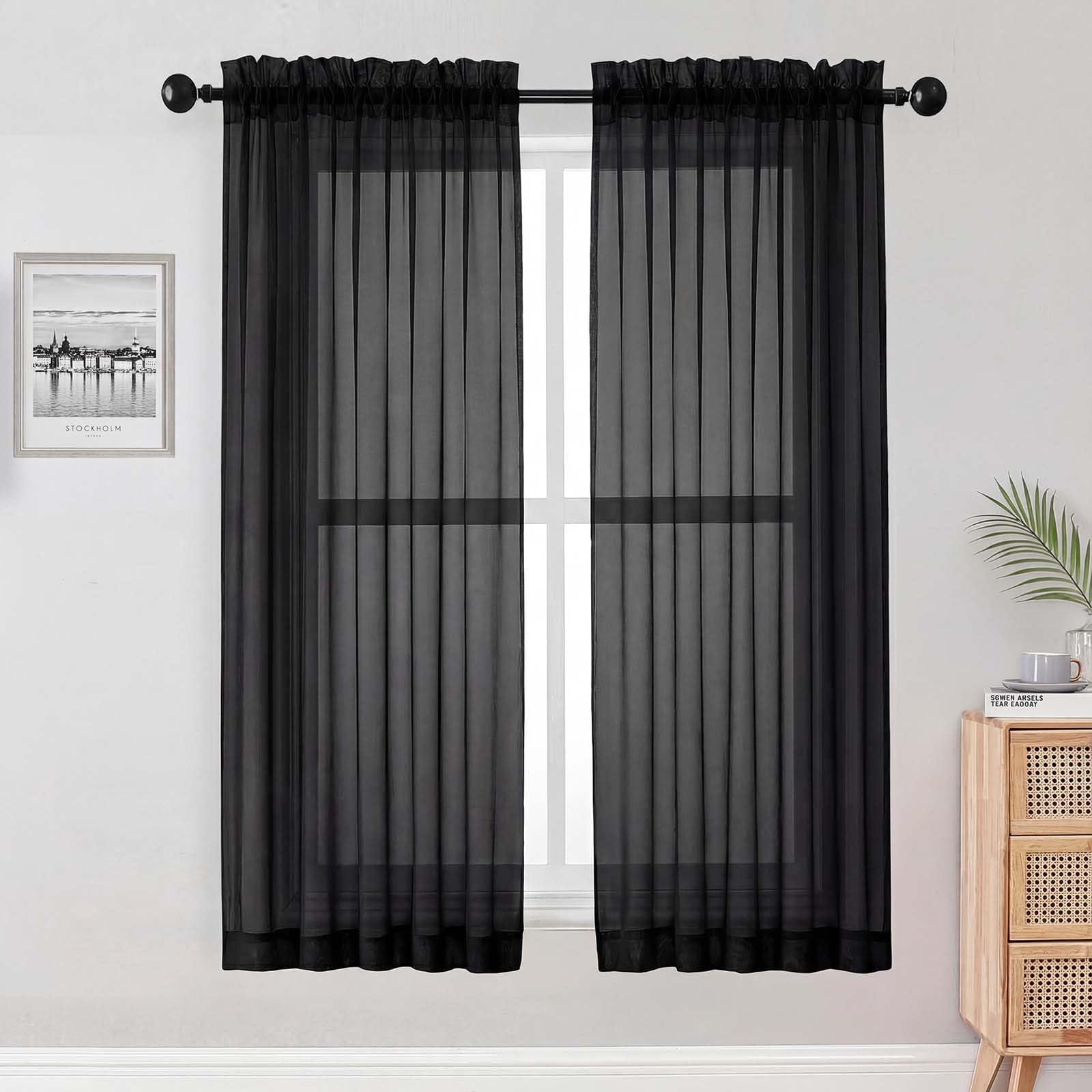 OWENIE Black Sheer Curtains 68 Inch Length 2 Panels Set for Bedroom Living Room, Light Filtering Voile Sheer Curtains, Airy Rod Pocket Farmhouse Curtain, Black, Each 42Wx68L inch