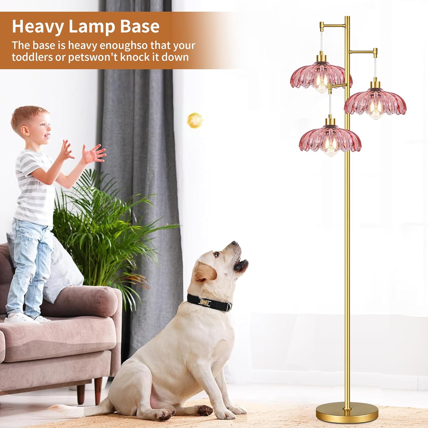 Gold Floor Lamp for Living Room,Modern Floor Lamps with Unique Pink Glass Shades,3 Lights Mid Century Tall Standing Lamp,Vintage Tree Flower Floor Lamp for Bedroom Corner Office Reading Minimalist