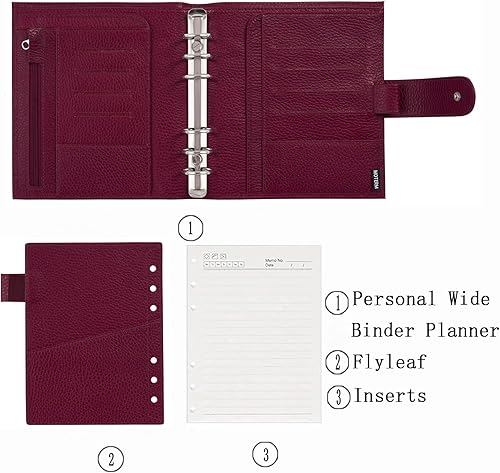 Miniatura 2 de Moterm Planificador de anillos de lujo para personas de ancho, organizador de carpeta de cuero genuino (remolacha guijarro firme, anillo de 1.181 in)