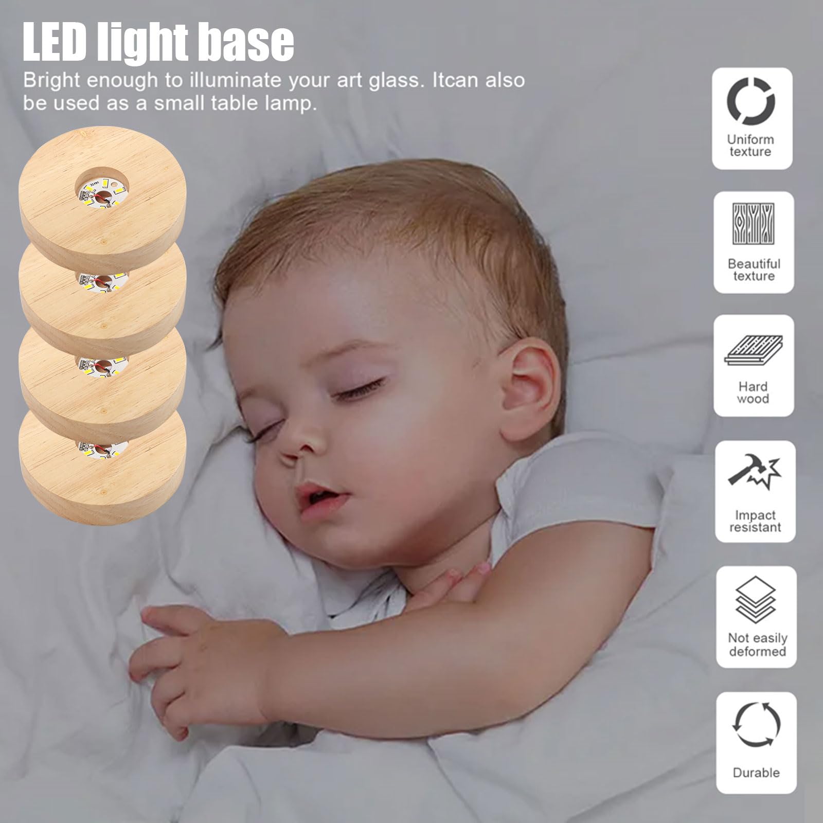 4 Stück LED Holzsockel Rund 10cm, Holz LED Lichtsockel für Acrylglas, Kristallkugel Ständer mit Warmes Licht, USB Leuchtbasis Display Basis DIY Holz Leuchtsockel für Kristallkugel Glas Acryl Schmuck
