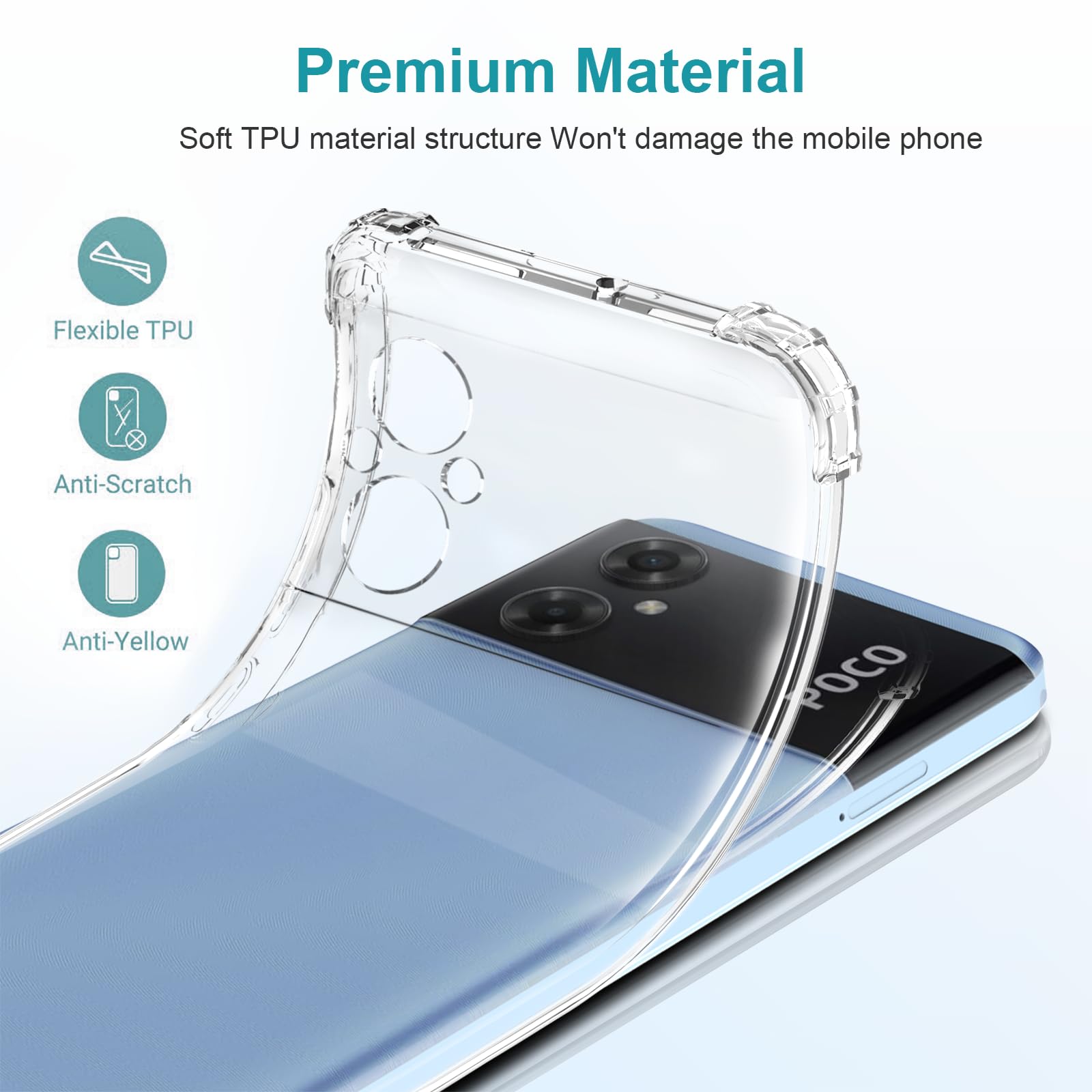 Cover Per Xiaomi Poco M5 + 3 Vetri Temperati - Custodia Morbida TPU Trasparente Antiurto Con Airbag Angolari E Protezione 360°