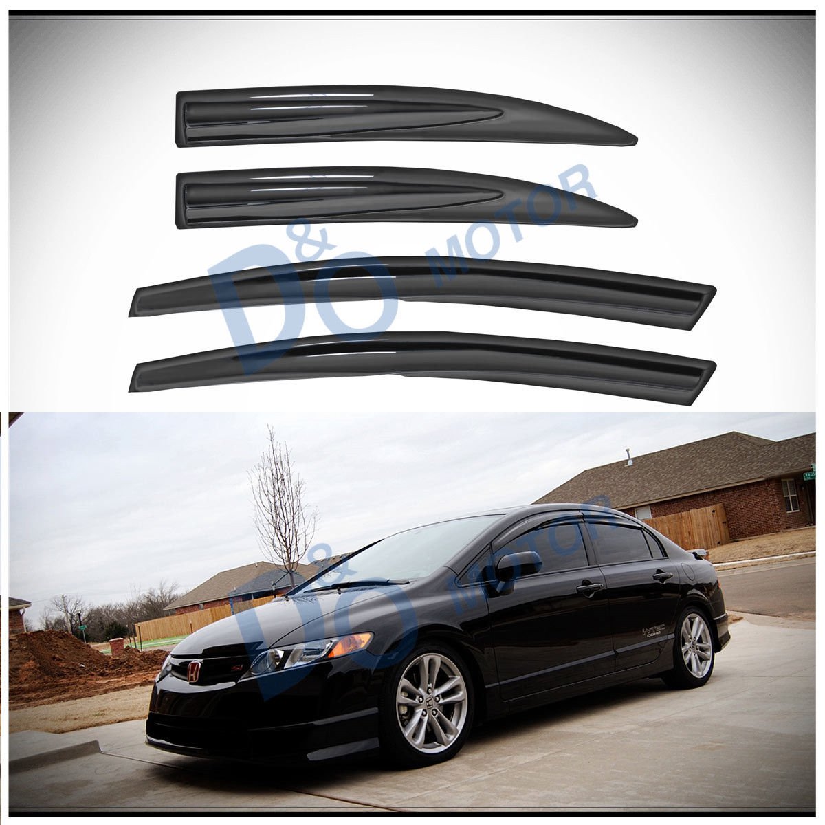 D&O MOTOR 4pcs JDM Mgen style Front+Rear Smoke Sun/Rain Guard Outside Mount Tape-On Window Visors For 06-11 Honda Civic 4-Door Sedan