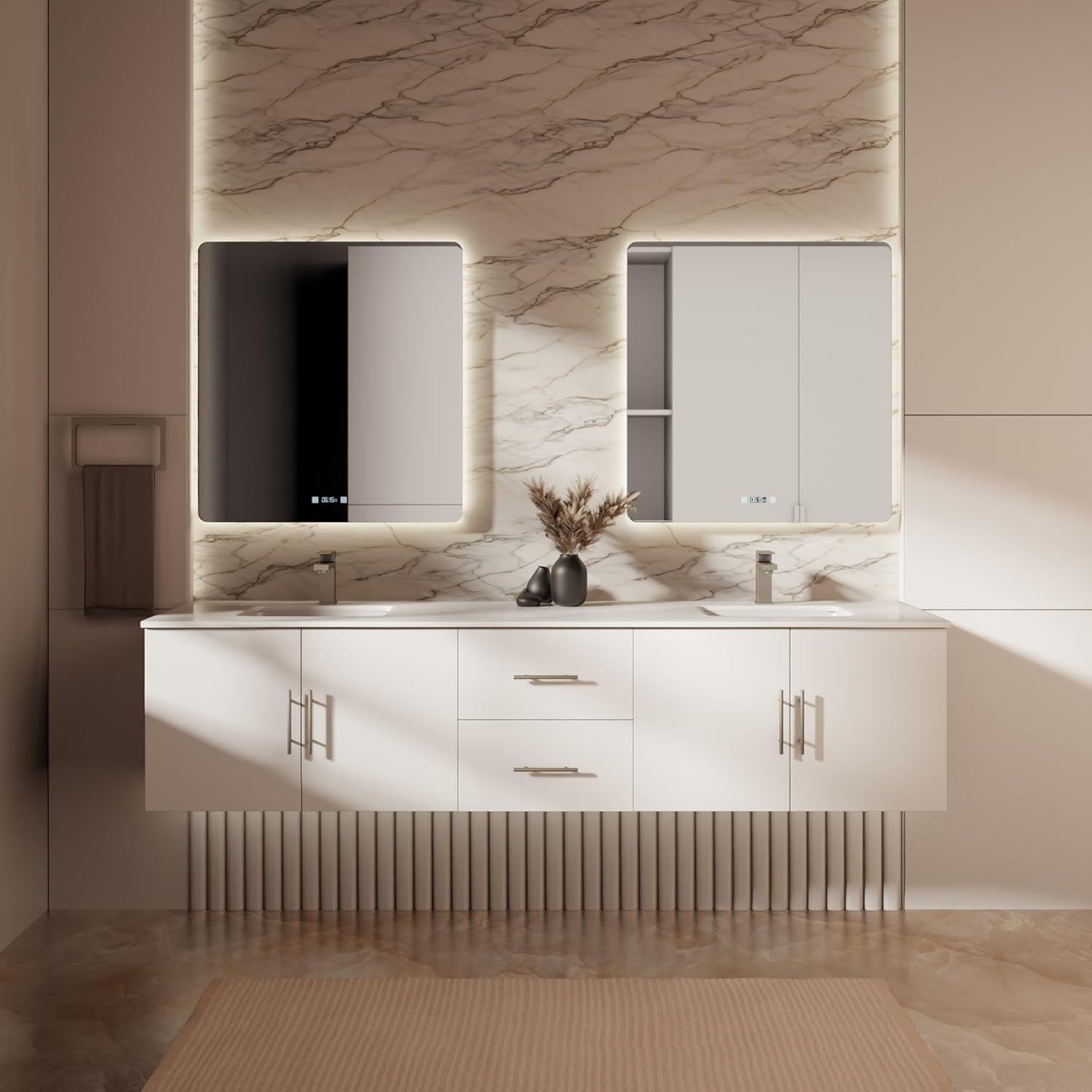 Geneva 80 in. W x 22 in. D Glossy White Double Bath Vanity, White Quartz Top, Faucet Set and 30 in. LED Mirrors