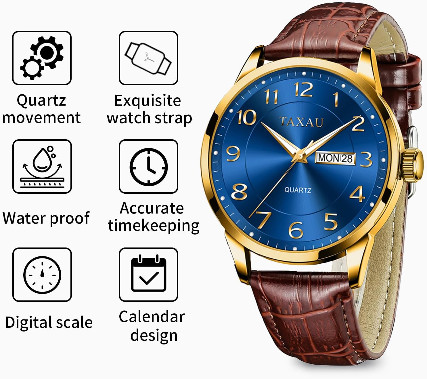 Mens Leather Watch Large Face Classic Quartz Mens Analog Watches Luxury Dress Watches for Men Waterproof Men's Wrist Watch Easy Read with Date Number Dial Relojes para Hombre - Image 2