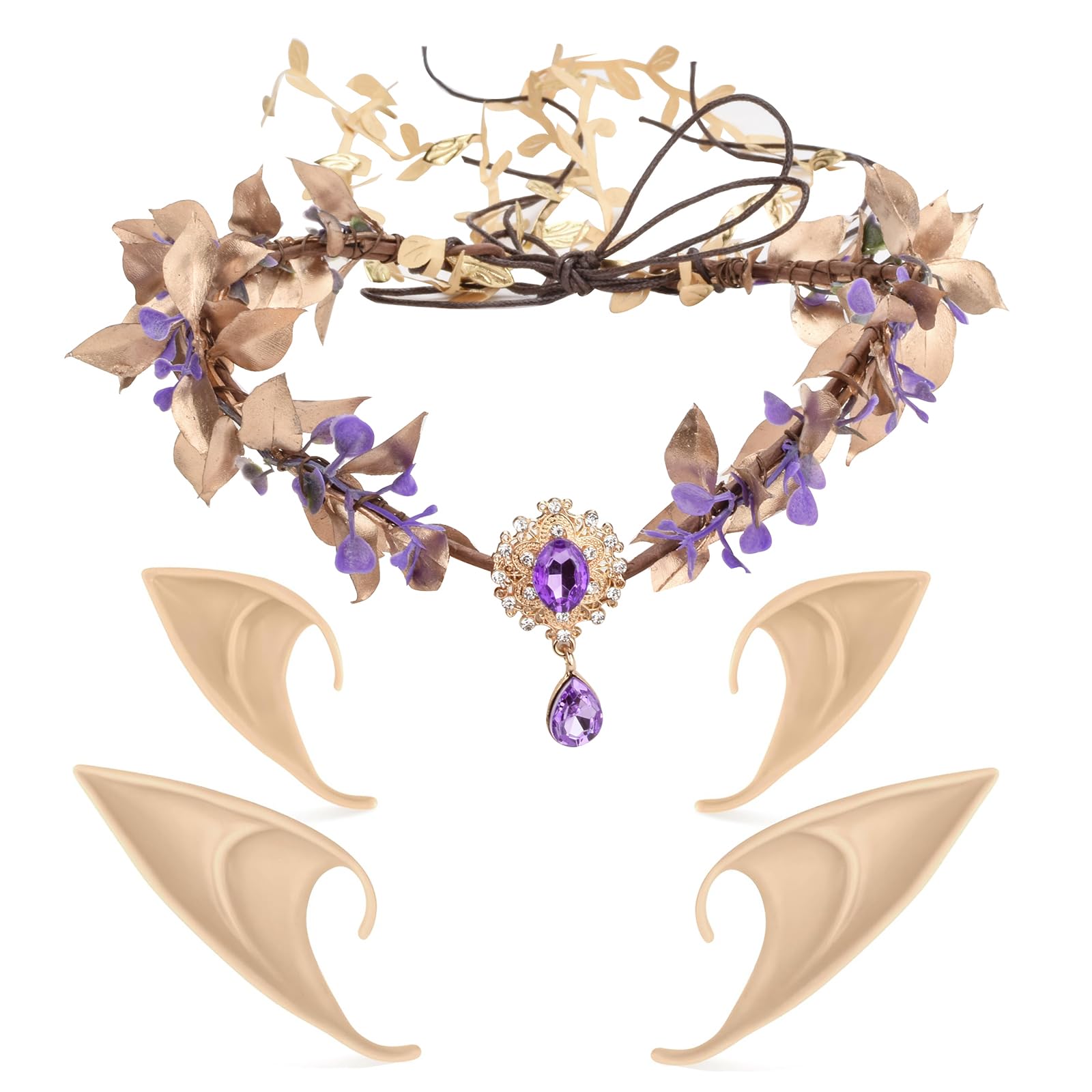 Merroyal Moon Vintage Crystal Headpieces Leaf Rattan Crown Hair Acessories with 2 Pairs Latex Elf Ear for Women Girls
