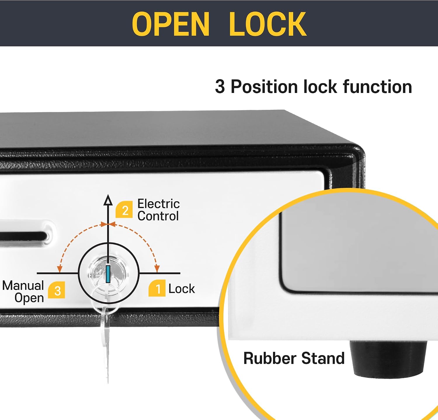 HK SYSTEMS BSM 16inch Cash Drawer for POS, No Logo, Black, DC 24V/Micro Switch, RJ12, 1slot, Removable and Adjustable cash tray 5-bill/5-coin Metal wire gripper, 6Keys #135, Stainless Steel front
