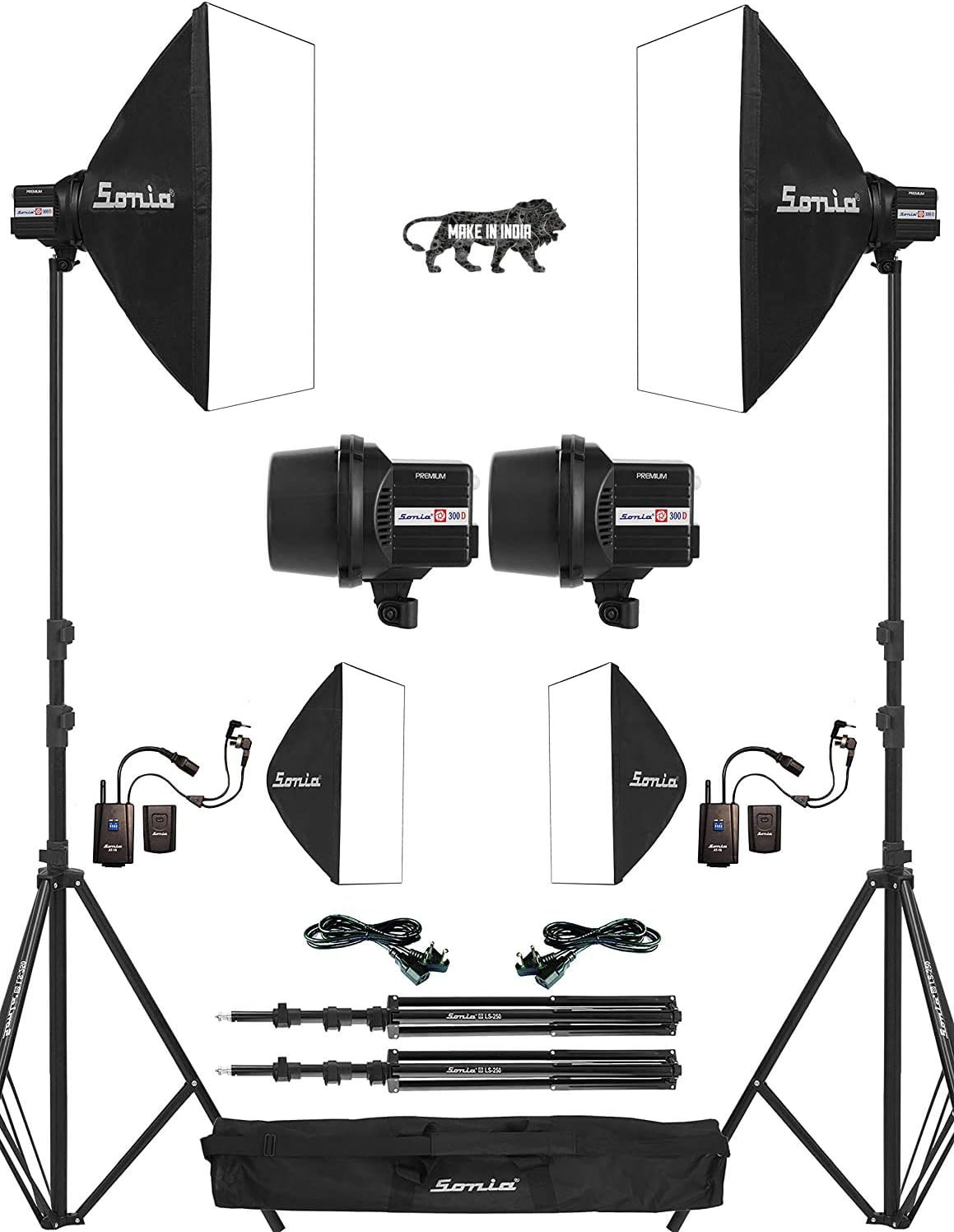 300D Studio Flash Light Strobe pack of 2 Strobe Light 300D; 2 SoftBox 60 x 60 cm; 2 Radio Trigger AT16; 2 AC Power Cord 5 Mtr; 2 Synchro Cord 5 Meter; 2 Light Stand 8.5 ft approx; 1 Light Stand Bag (Not Meant For Video Shoot)