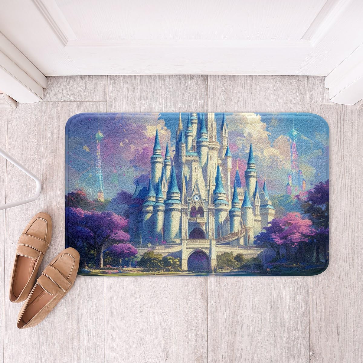 Princess Castle Bathroom Mat,Cartoon Fairy Tale Themed Bath Rug Soft Fluffy Fleece Microfiber,Watercolor Floral Lake Blue Sky Scenery Entryway Door