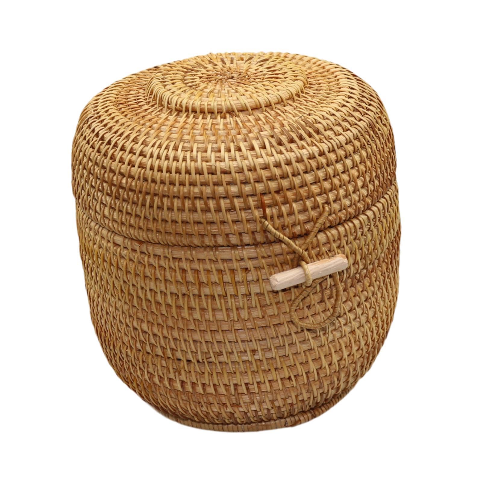 Bothyi Hand Woven Serving Bowl Basket, Round Rattan Box with Cover, Rattan Woven Basket for Candy, Tea, S