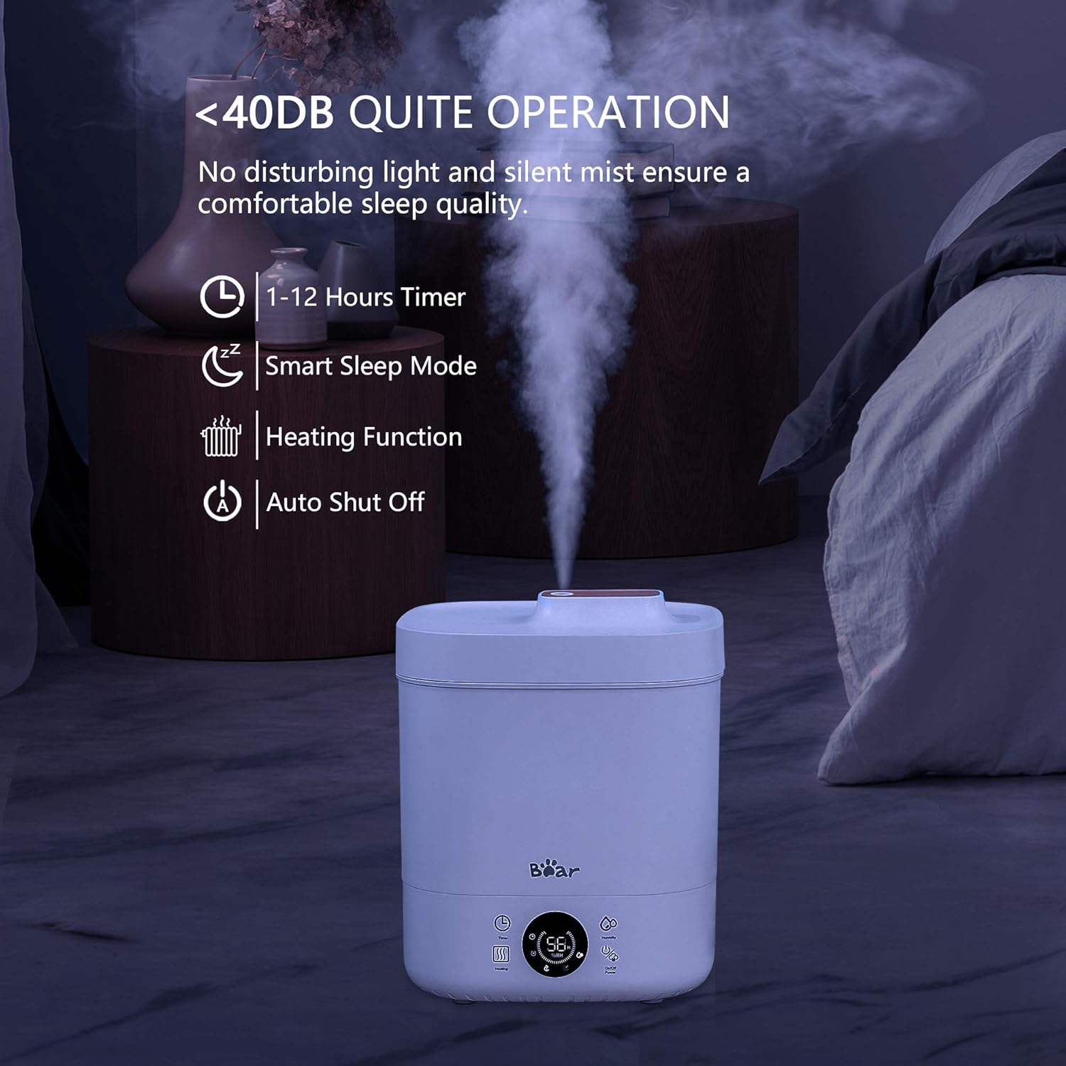 Cool Mist Humidifier, 4L Humidifiers for Bedroom, Small Air Humidifiers with Adjustable Mist Output, Top Fill Warm Mist Humidifiers for Plants Large Room Baby with Auto Shut-off, 24 Hours, LED Display