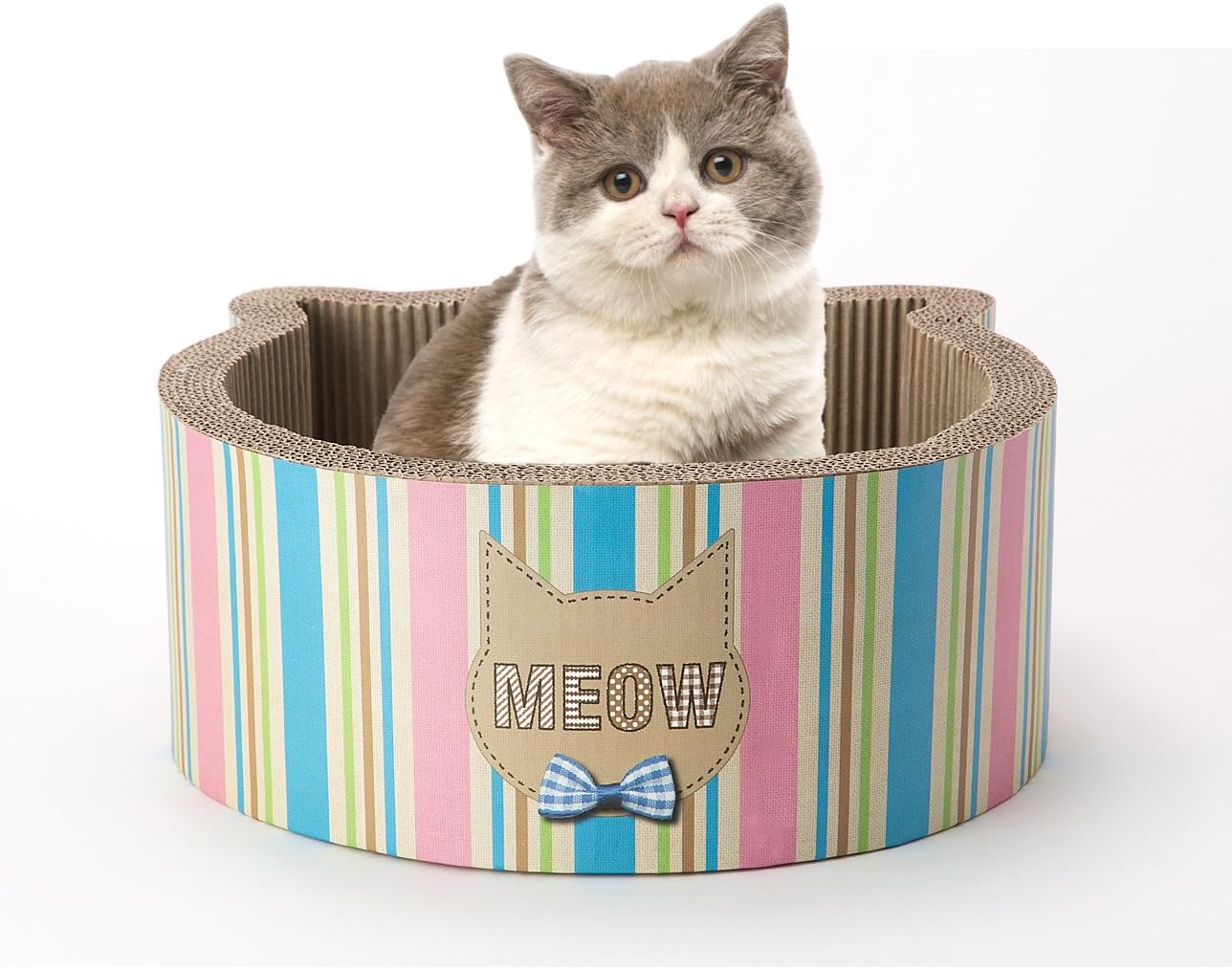 Cat1st Cat-Headed Round Cardboard Scratcher Cuddler Bed(Stripe)