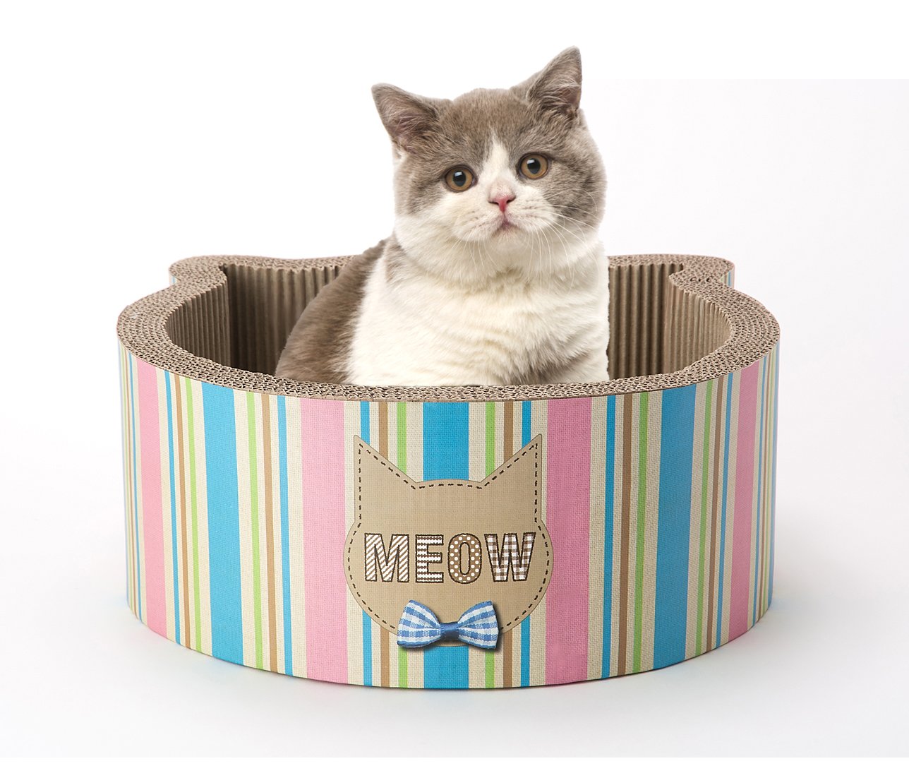 Cat1st Cat-Headed Round Cardboard Scratcher Cuddler Bed(Stripe)