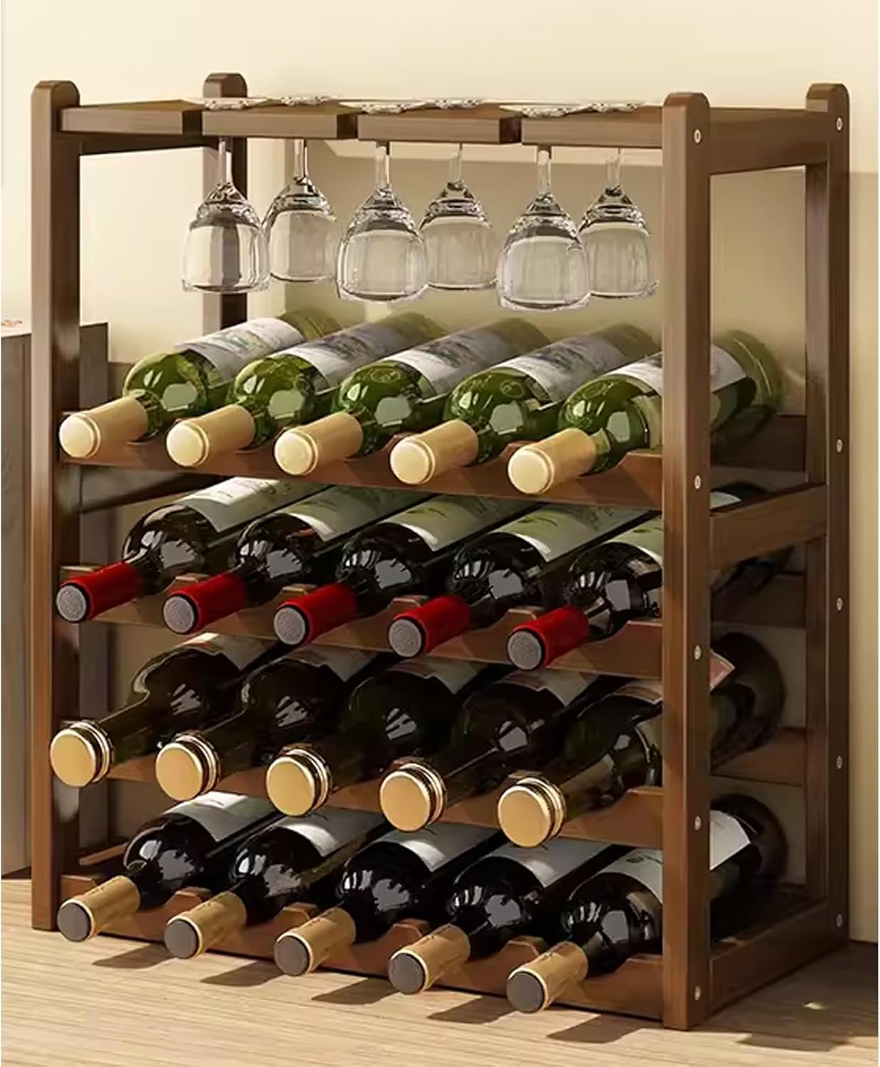 Soporte para Botellas de Bambú 20 Botellas 4 Niveles Mostrador