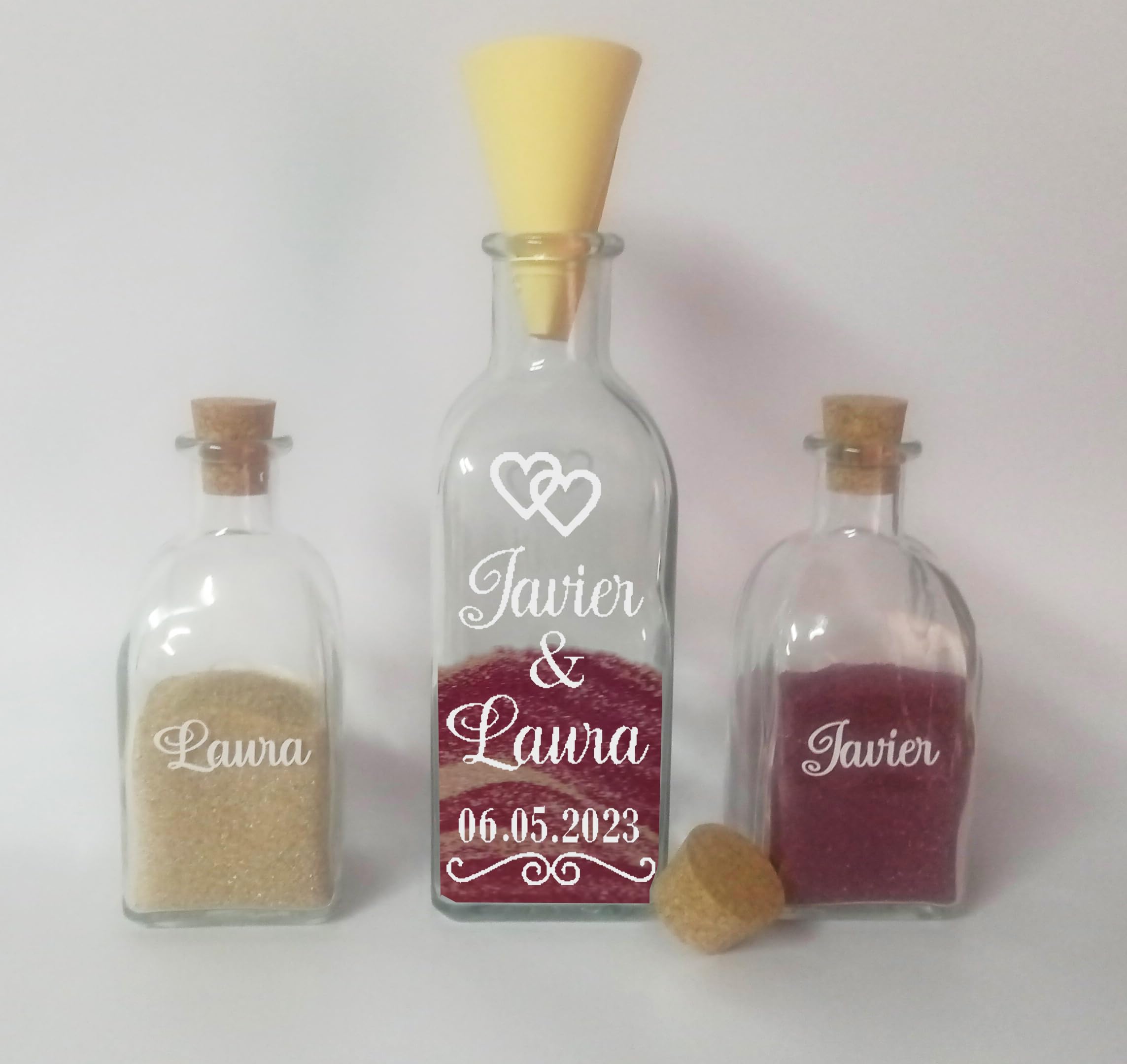 Genérico Ritual DE LA Arena - Kit de 3 Botellas DE Cristal Personalizados con Nombres y Fecha de la Boda Adhesivos + 2 Colores Arena