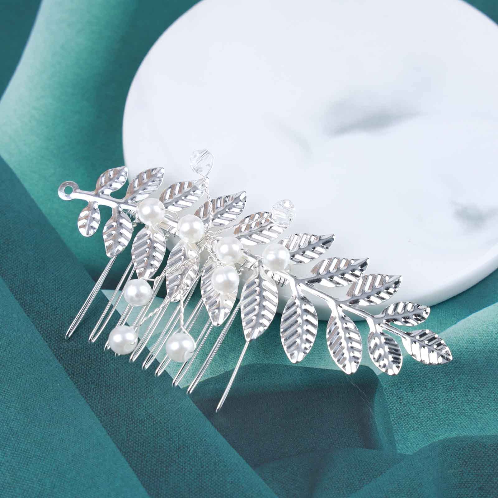 Andelaisi Boho Pearl Leaf Hair Comb Silver Leaf Bridal Hair 