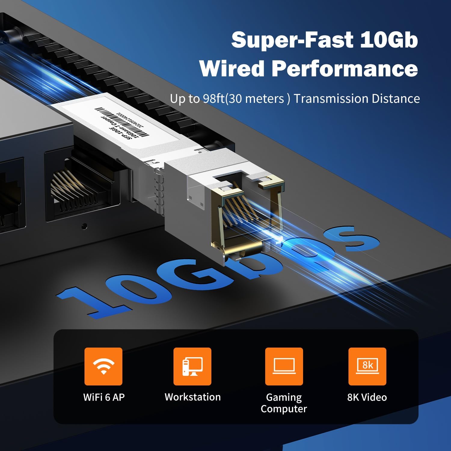 Close-up of the 10Gb SFP+ module and port, emphasizing super-fast 10Gb wired performance up to 98ft (30 meters) transmission distance.