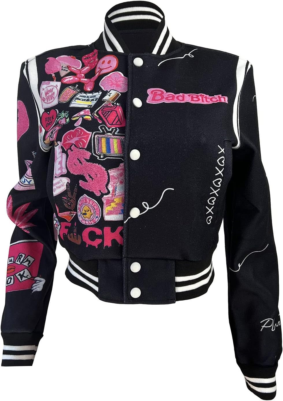 Varsity Jacket Women Print Vintage Patches Letterman Cropped Bomber Jacket Lightweight Dressy Cute Coat - Image 5