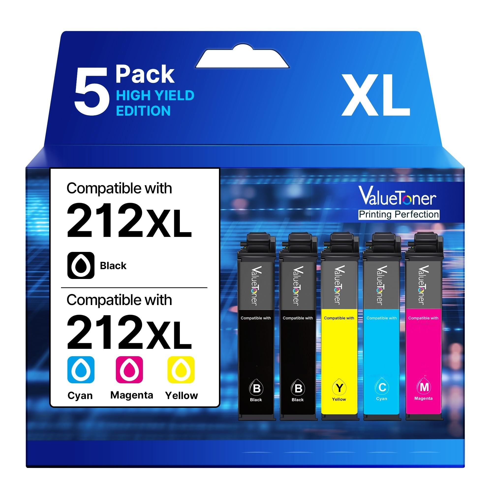 Valuetoner リサイクル交換用 Epson 212 インクカートリッジ212XL 大容量 T212 T212XL Epson XP-4100 XP-4105 Workforce WF-2830 WF-2850に対応 (ブラック2個、シアン1個、マゼンタ1個、イエロー1個)