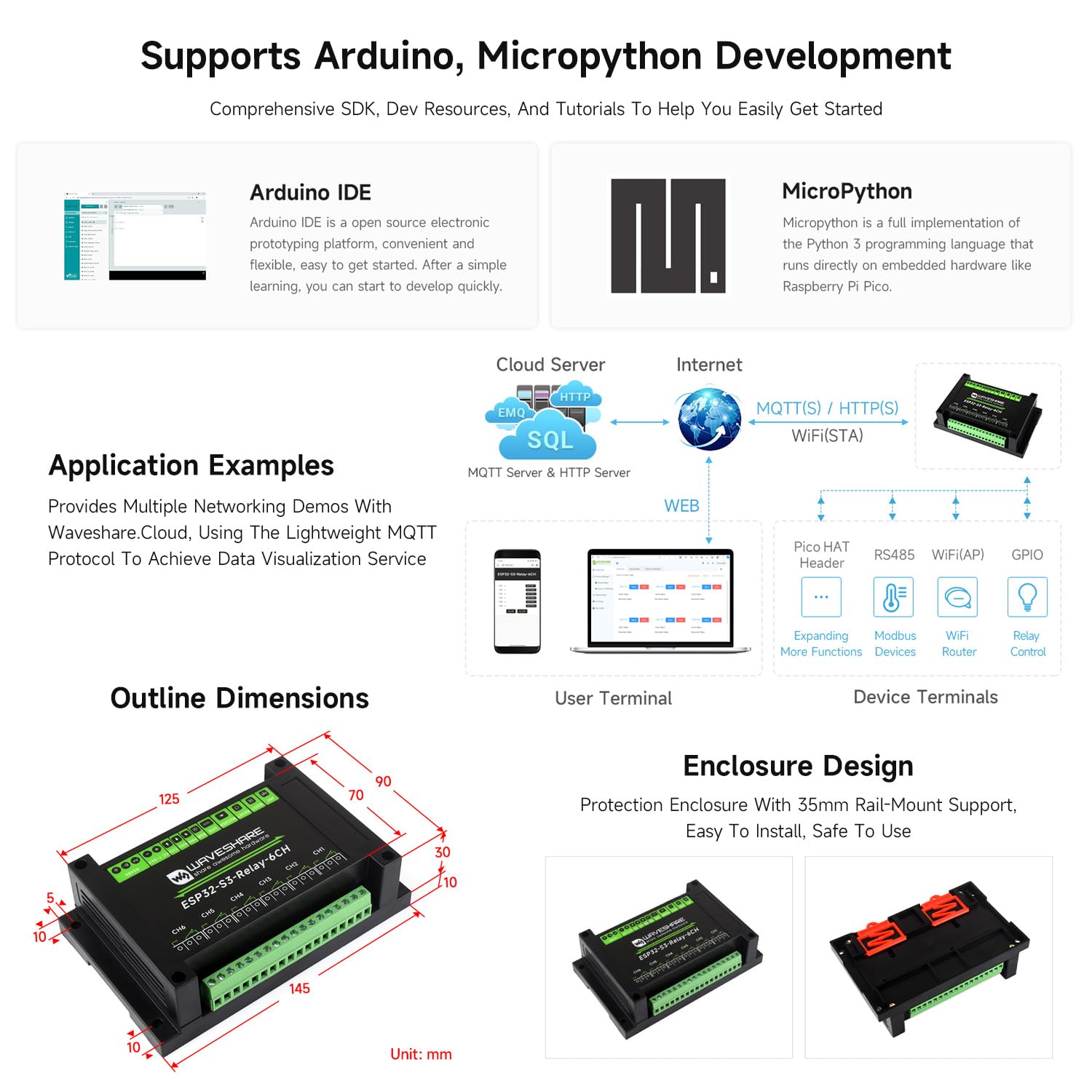 Waveshare Industrial 6-Channel ESP32-S3 WiFi Relay Module, Onboard RS485/Pico Hat Interfaces, with Multiple Isolation Protection Circuits, Industrial-Grade, Rail-Mount Case