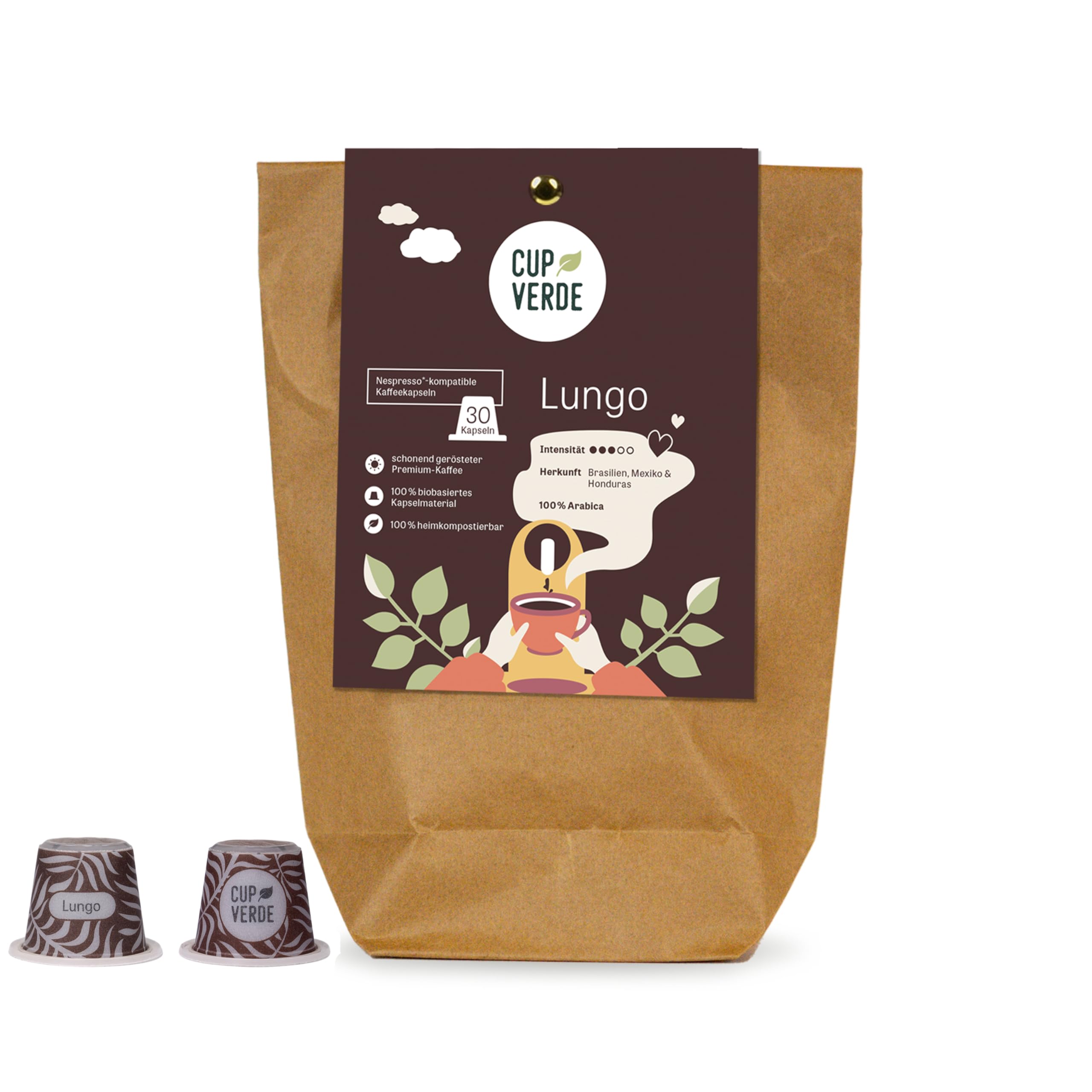 CUP VERDE – 30 Lungo Kaffeekapseln kompatibel mit Nespresso®/ fein aromatisch / 100% Arabica/schonend geröstet - nachhaltig Heimkompostierbar aus nachwachsenden Rohstoffen