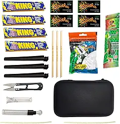 Kit Completo com 22 Itens, Seda King Original Rolling Paper, Piteira Safari, Estojo, Blunt, Tesoura, Mocó, Pilão, Piteira de Vidro e Limpador