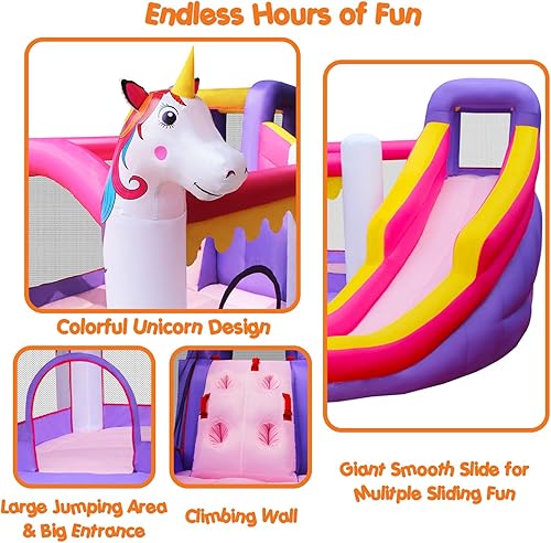 Miniatura 6 de BESTPARTY Casa inflable de unicornio, castillo animoso con soplador, casa de rebote con tobogán, castillo animoso para niños con área de salto,