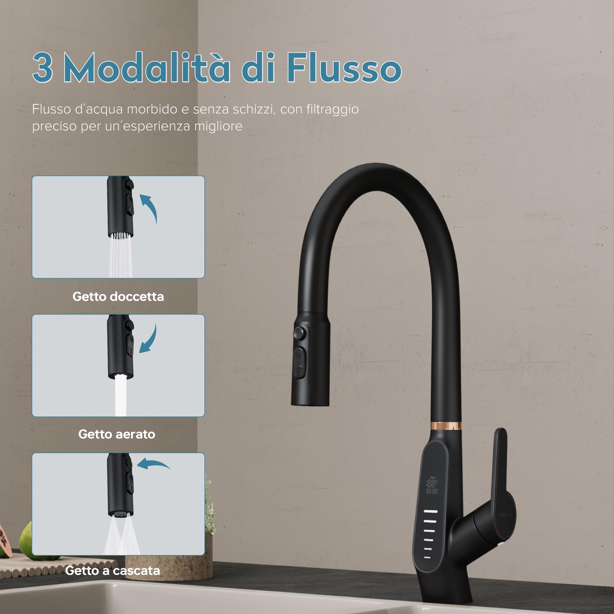 doporro Rubinetto Cucina Digitale Estraibile 3-in-1 con Display LED