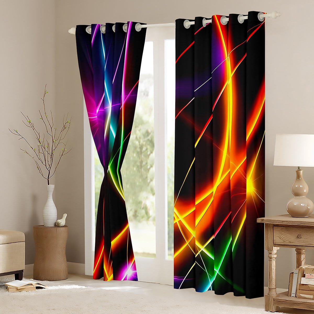 Homemissing Neon Light Stripes Curtains(2 Panels,W66*L72) For Kids Boys Girls Teens Modern Abstract Art 30%-50% Darkening Blackout Window Curtains Stripe Line Window Treatments - Image 3