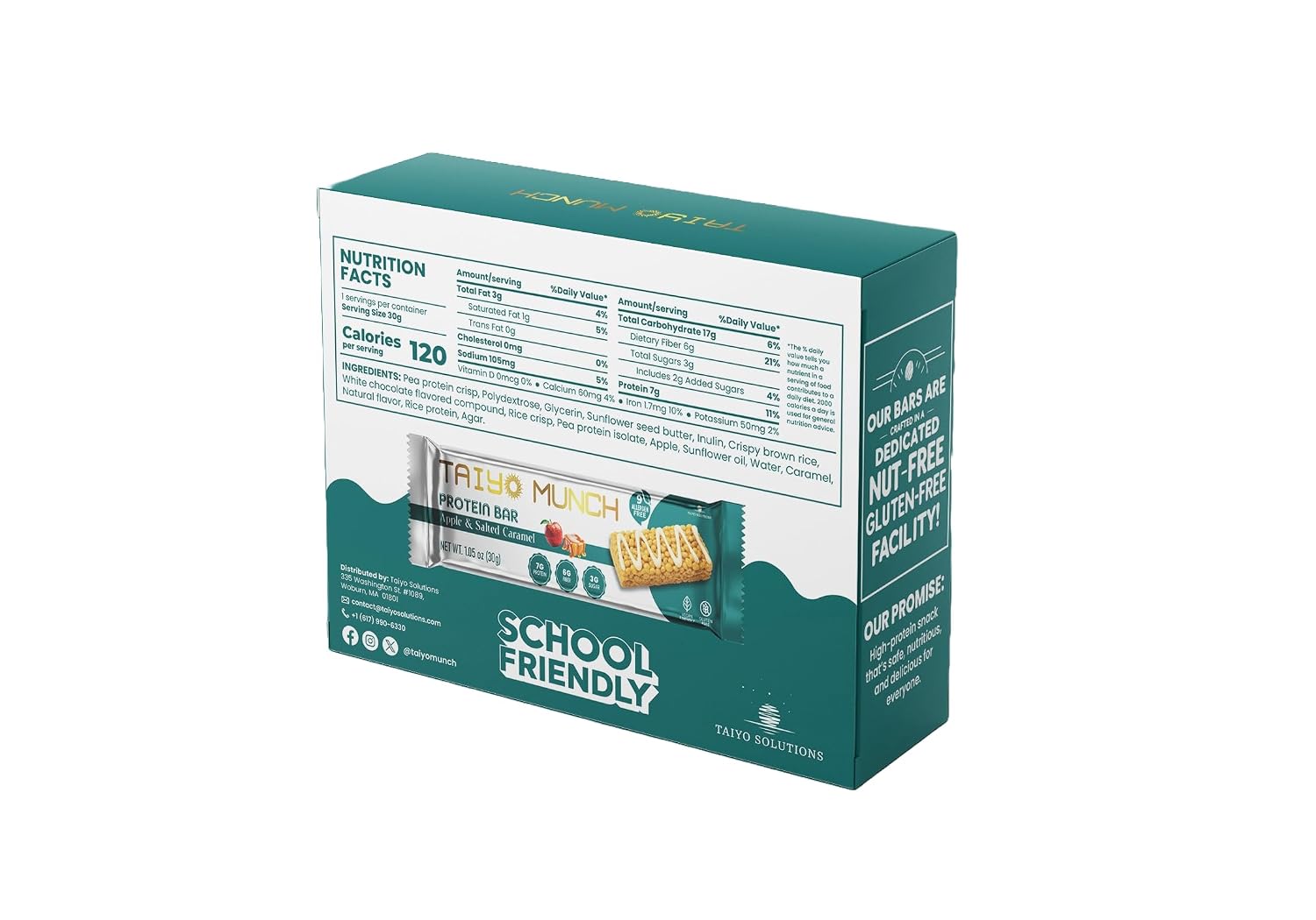 Taiyo Munch - Allergen-Free Protein Bar - Vegan, Gluten Free, High Protein, High Fiber, Low Sugar, Nut/Wheat/Soy/Dairy Free, Healthy Snacks for Kids or Adults, School Safe, Low Calorie Crispy Protein Bar - Apple Caramel - 12ct