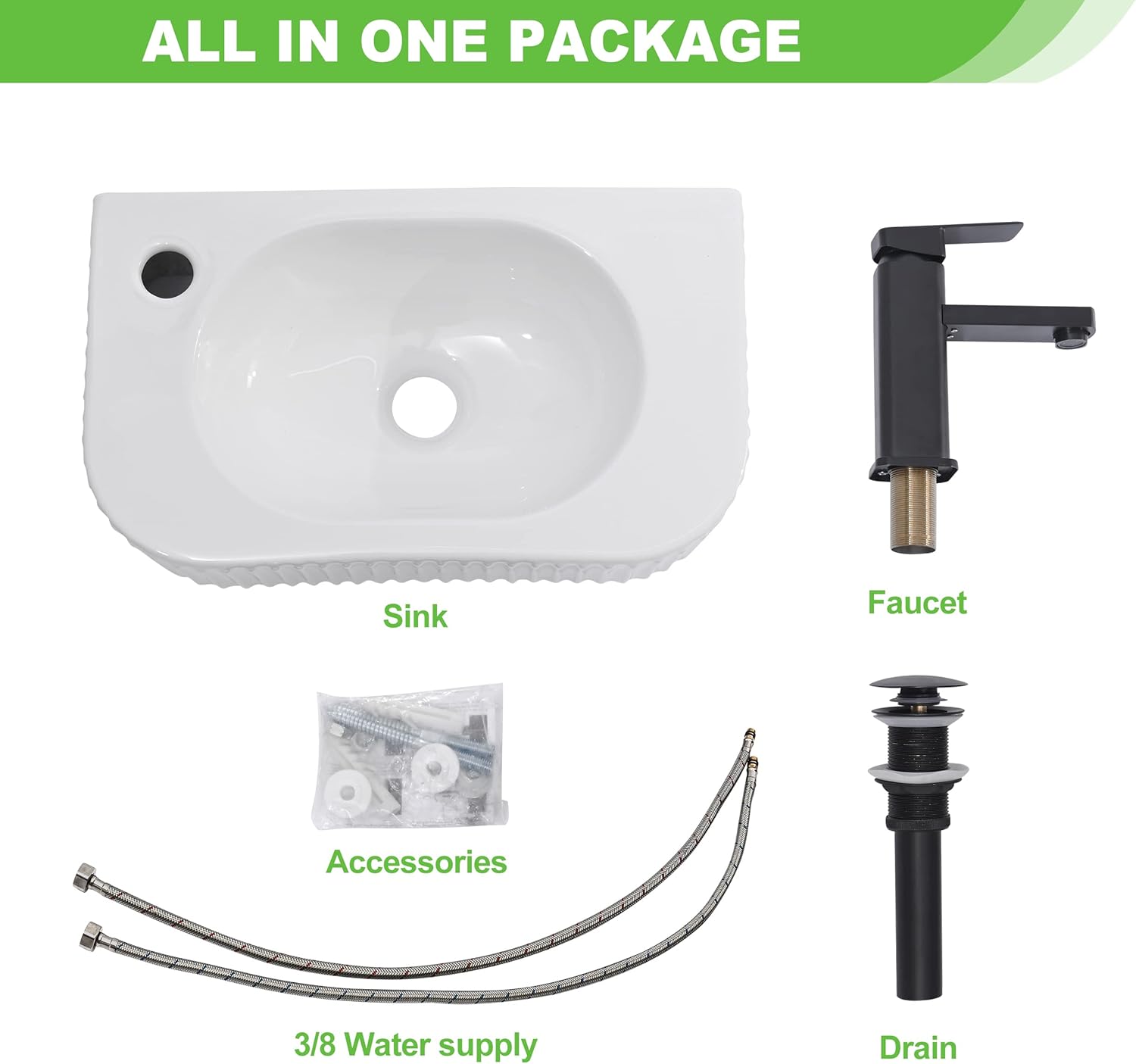 Bathroom Vessel Sink Rectangular Wall Mount Sink White Wall Mounted Bathroom Sink with Faucet and Drain White Porcelain Ceramic Washing Small