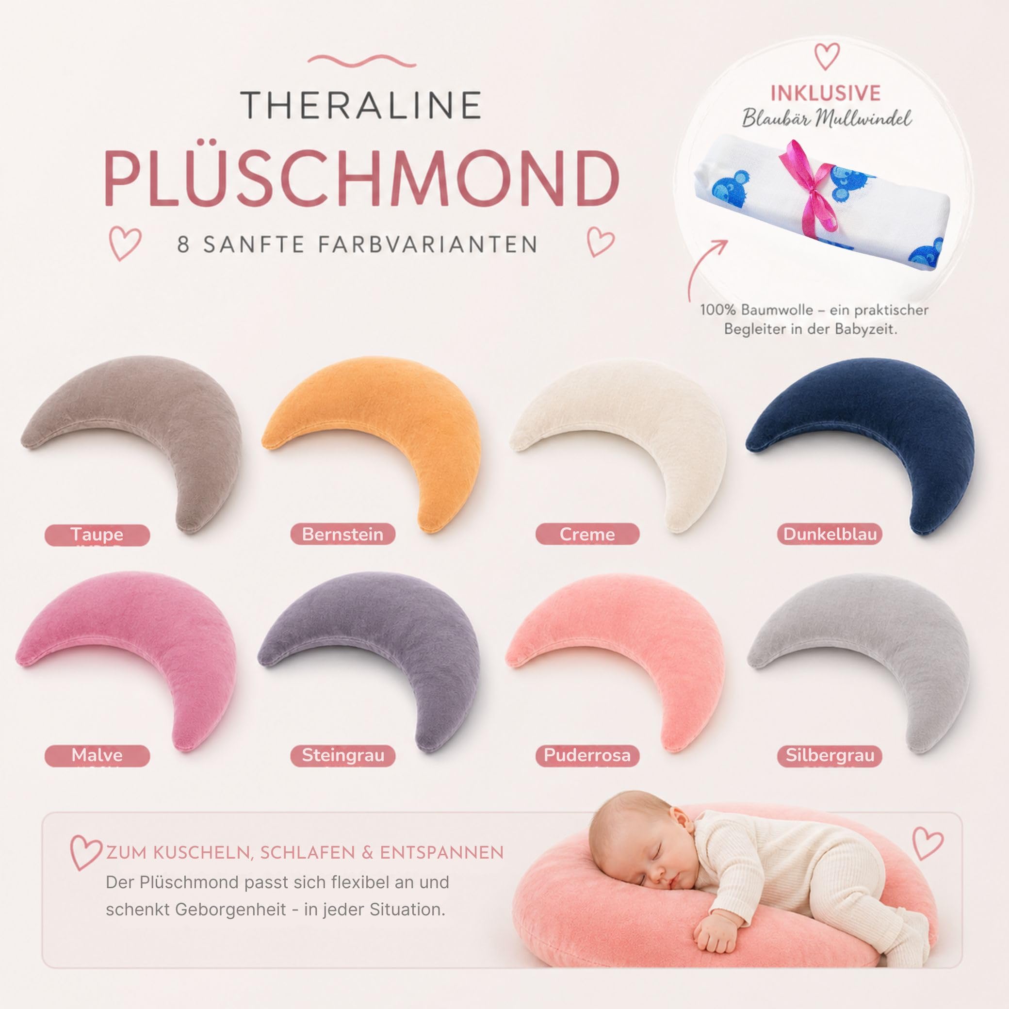Set Theraline Plüschmond Stillkissen, Bauchstützkissen & Spucktuch Blaubär | Schmusekissen und Lesekissen | Kopf- und Nackenkissen | kein Rascheln durch Perlen | gefüllt mit Perlen