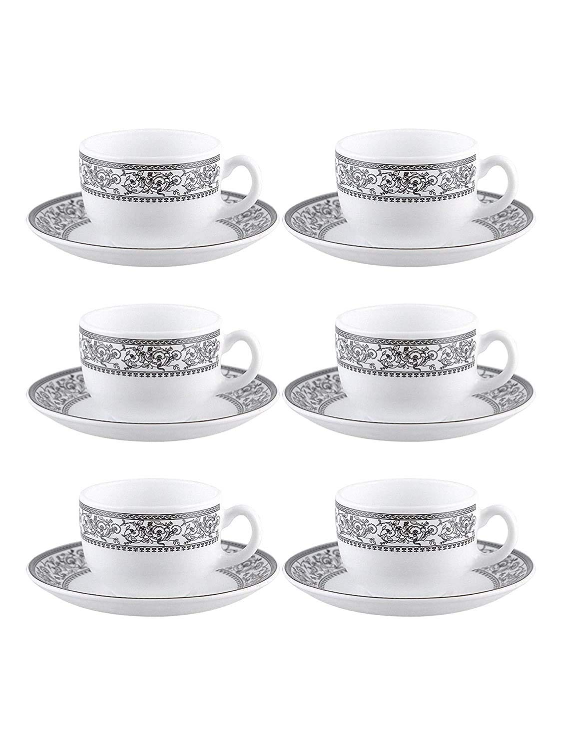 SkyKey Laopala Opalware Glass Persion Grey Tea Cup with Saucers (6 Cup, 6 Saucer)