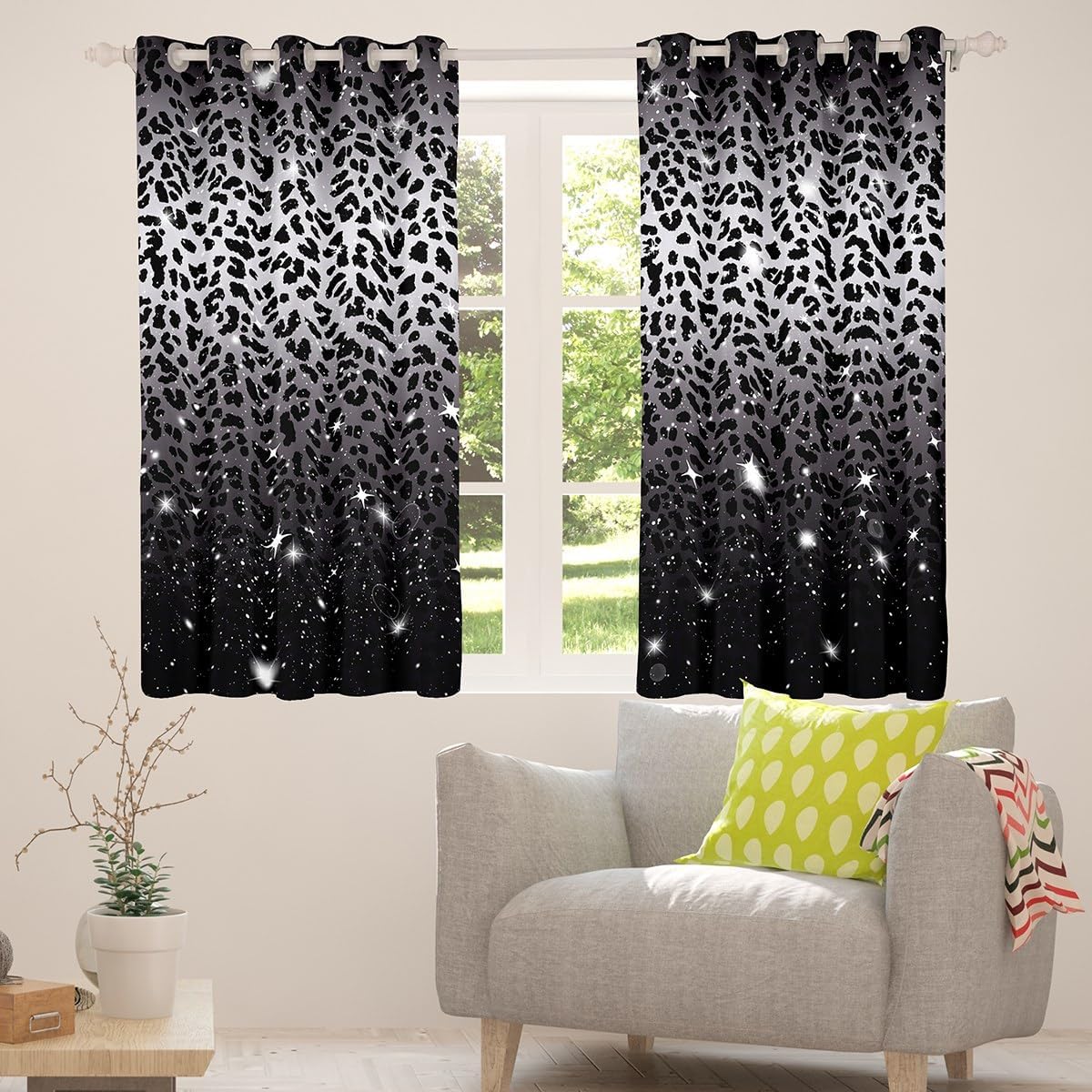 Leopard Print Blackout Curtains,Black Grey Cheetah Skin African Big Cat Window Curtains,Sparkle Starry Sky Glitter Curtains & Drapes 2 Panels 42"Wx90"L,Wildlife Jungle Animal Window Treatments