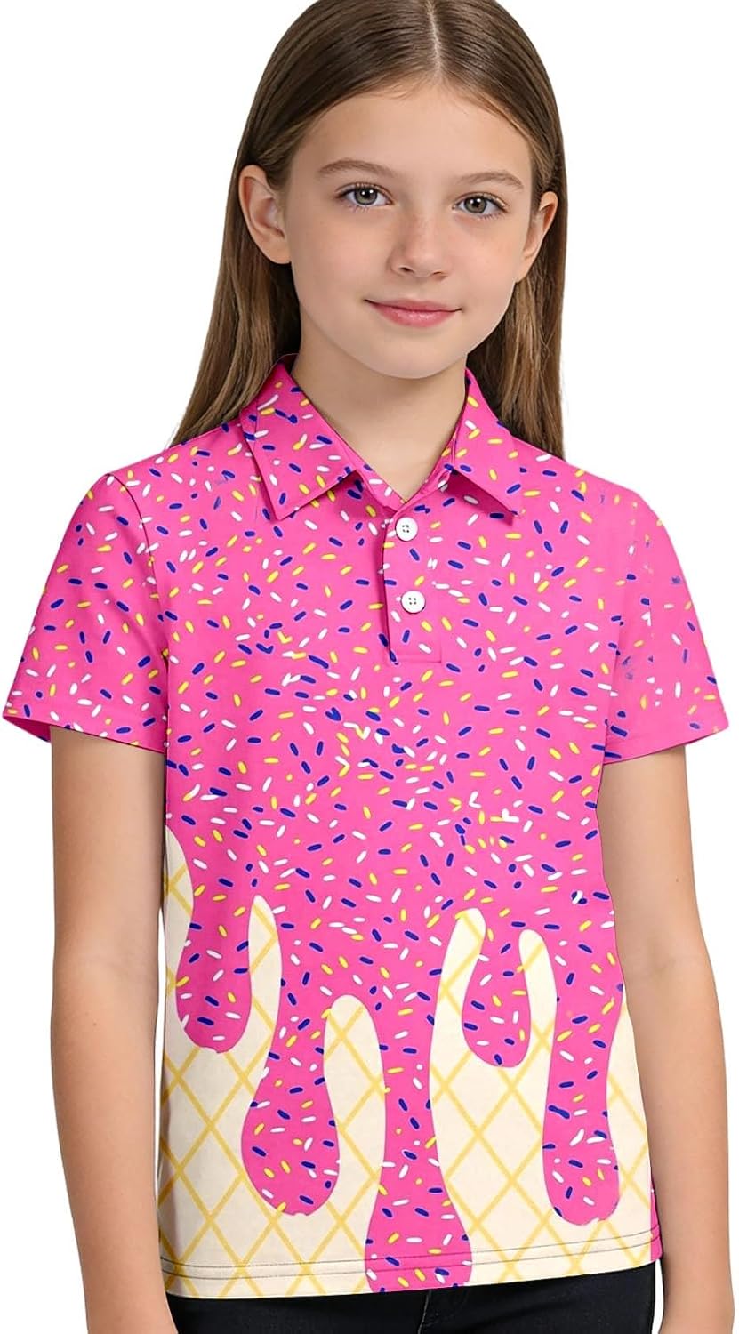 Boys Polo Shirt Funny Ice Cream Print Short Sleeve Collared Golf Clothes Kids Fashion Cool Active Shirts 3-14 Years