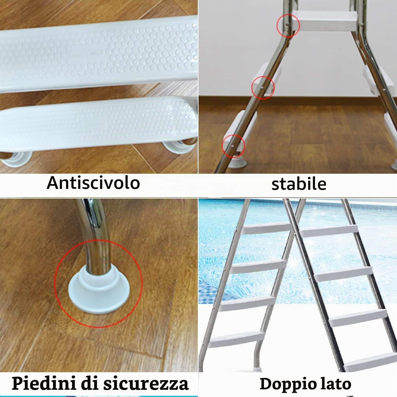 BOTOWI 135cm Scala per Piscina Fuori Terra Carico 250kg, Scala per Piscina a Due Lati per Piscina Fuori Terra, Scala per Piscina 4 Gradini Acciaio Inox Spesso 304, Gradino per Piscina Antiscivolo
