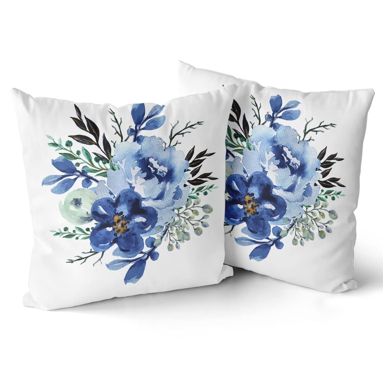 ABSOP Navy Blue Floral Pillow Covers 18x18 Inch Set of 2 Boho Roses Flower Throw Pillow Cover Watercolor Spring Summer Pillow Cover Cotton Cushion Pillow Case for Sofa Outdoor Indoor Decoration